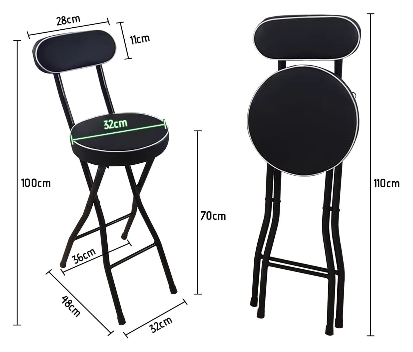Seggiolone portatile pieghevole in metallo, sgabello con schienale e poggiapiedi, capacità di 100 kg, per sala giochi e ufficio, design imbottito (nero, 70 cm)