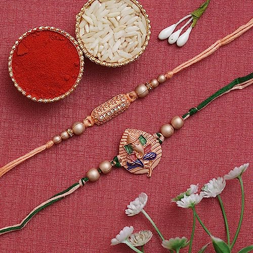 Image of eCraftIndia Multicolor Set of 2 Om Symbol and Peacock Designer Religious Rakhis with Roli Chawal Pack