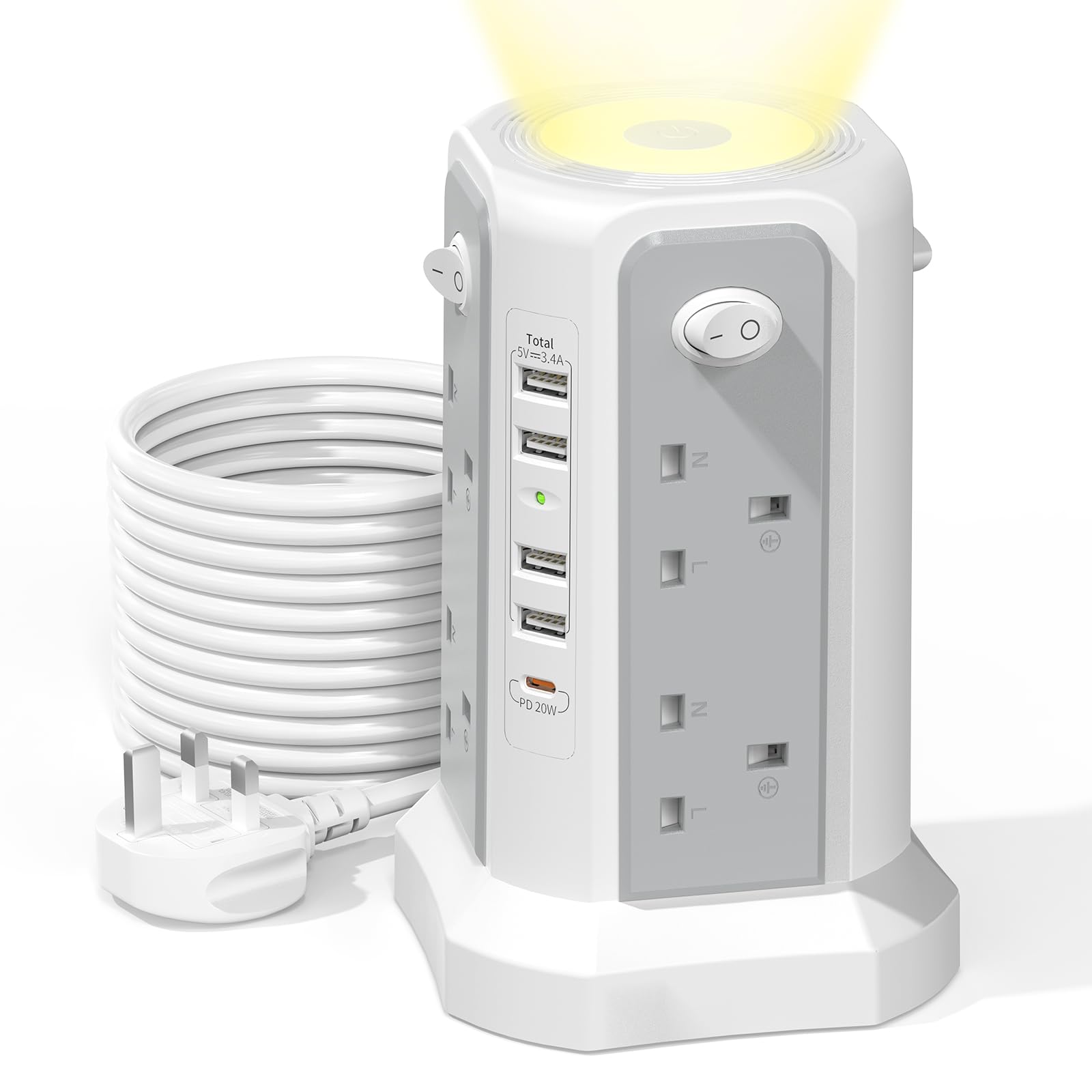 Tower Extension Lead 3M with PD20W USB C and Night Light, 8 Way Plug Extension Tower Surge Protection with 4 Independent Switch and 5 USB Slots, Extension Cable for Home Office, Gray and White โ image 1