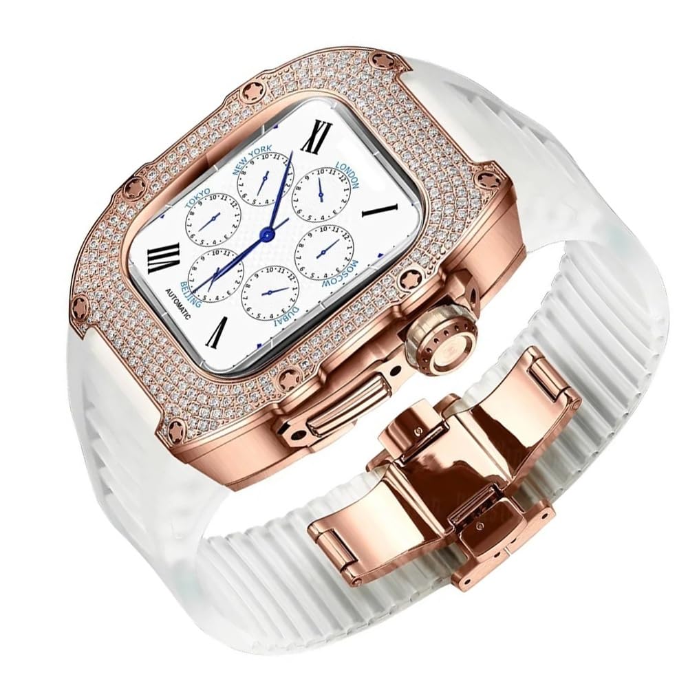 Women Diamond Titianium Case for Apple Watch Series 9 8 7 41mm 40mm Replacement Rubber Bands Metal Cover