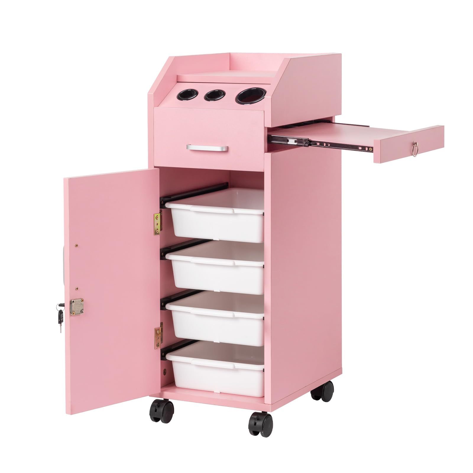 Winado Hair Salon Storage Cart with Wheels & 3 Hair Dryer Holders & 4 Drawers & Lock & 2 Keys, Hairdressing Tools Station Mobile Makeup Case, SPA Utility Trolley (Pink)