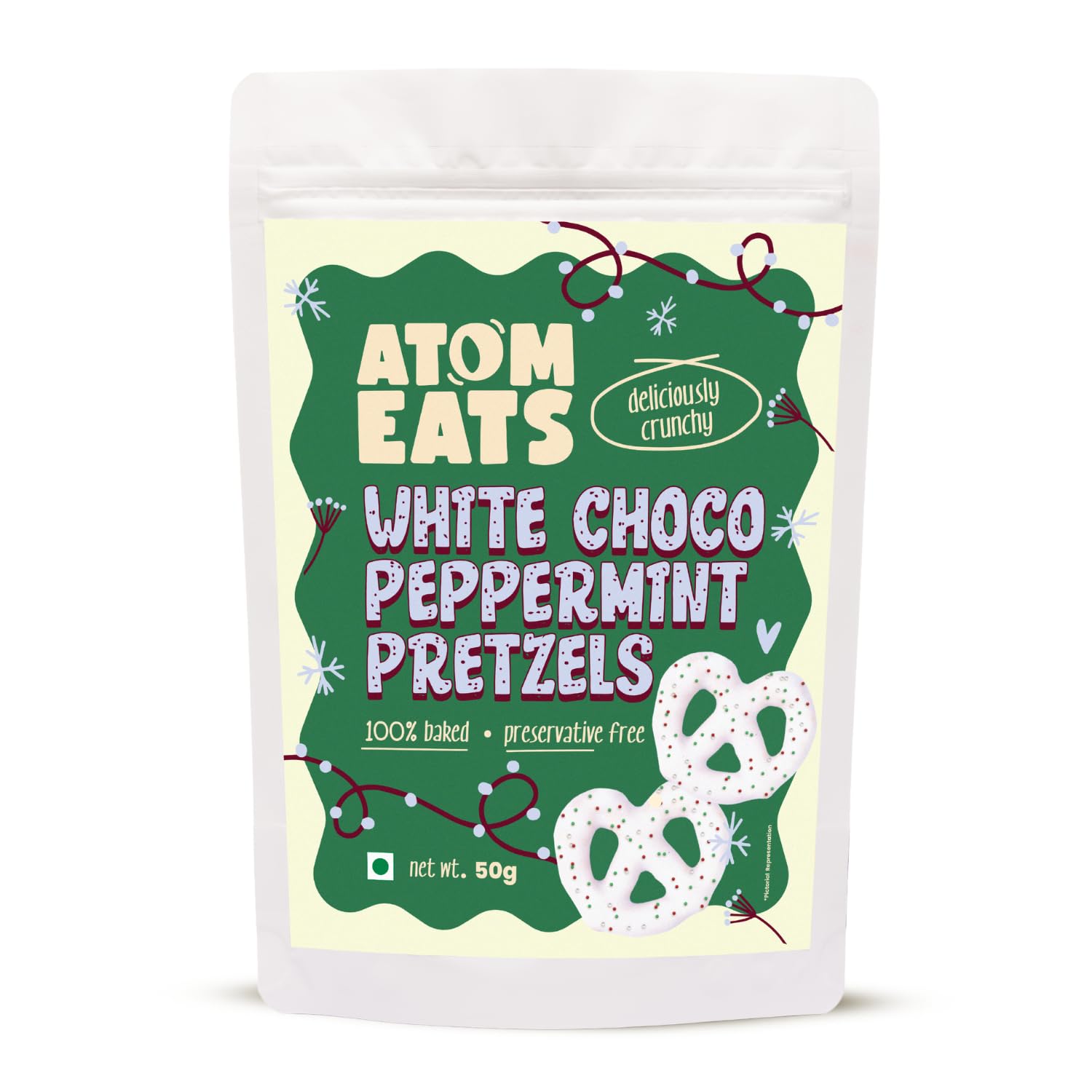 Atom Eats White Choco Peppermint Pretzels - Limited Edition 50gm (Pack of 1) | Sweet & Salty Holiday Treat | Peppermint-Infused White Chocolate | Perfect Christmas Snack & Gift |