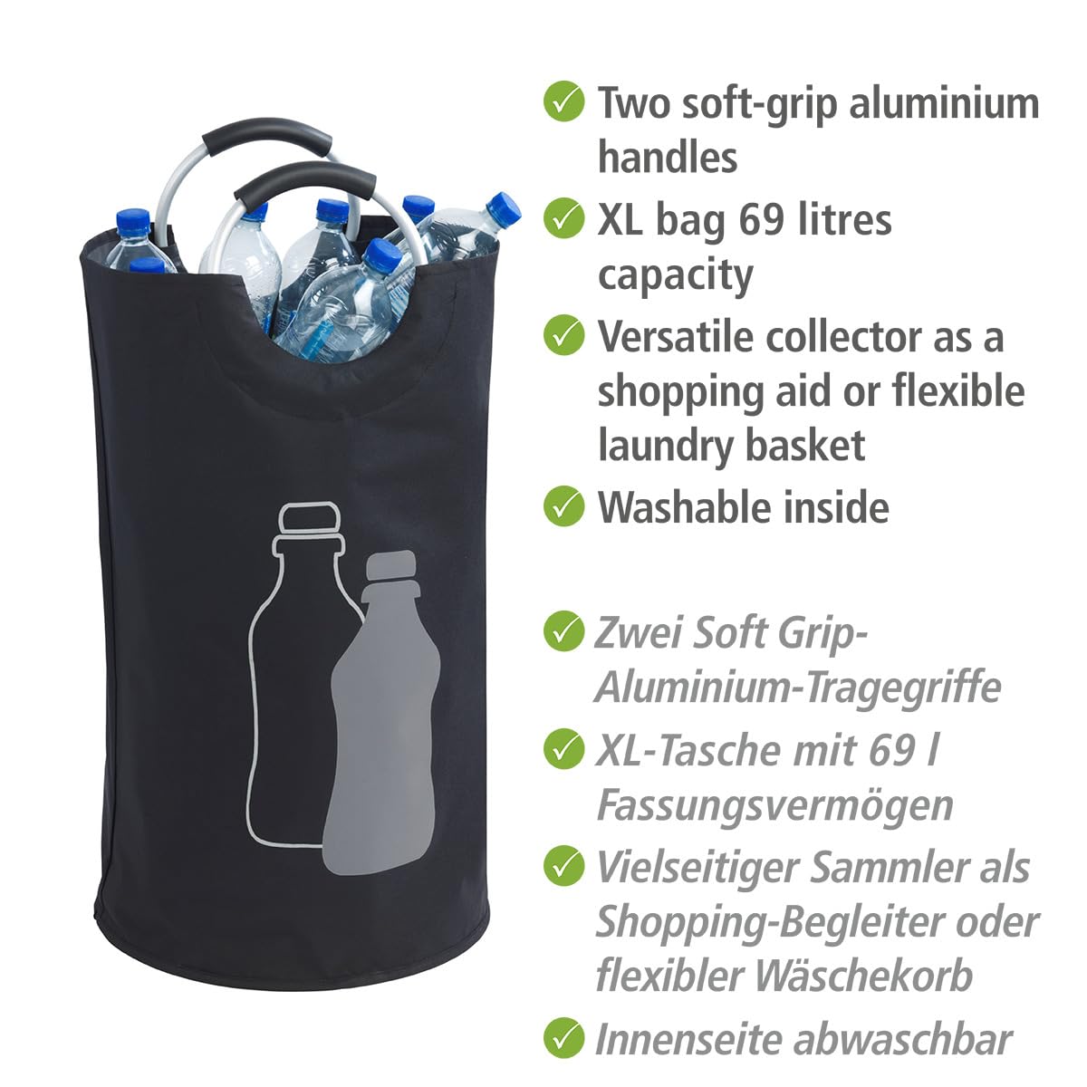 WENKO Jumbo, 69 litrów, torba na butelki z dekoracyjnym nadrukiem i uchwytami aluminiowymi Soft Grip do łatwego transportu pustych butelek, 100% poliester, 38 x 72 cm, czarny