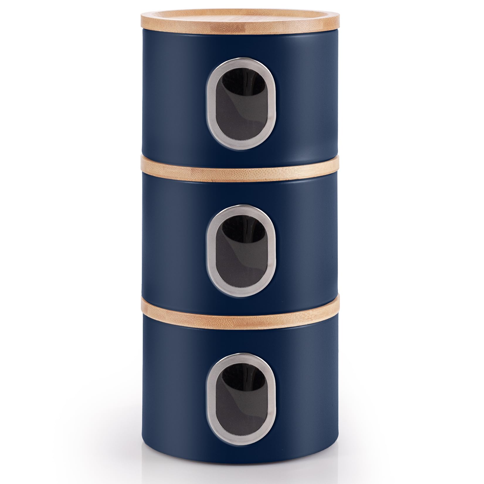 EHC Set of 3 Kitchen Storage Canisters for Tea, Coffee, and Sugar, Transparent Window Airtight Kitchen Multi-Purpose Containers, Navy Blue