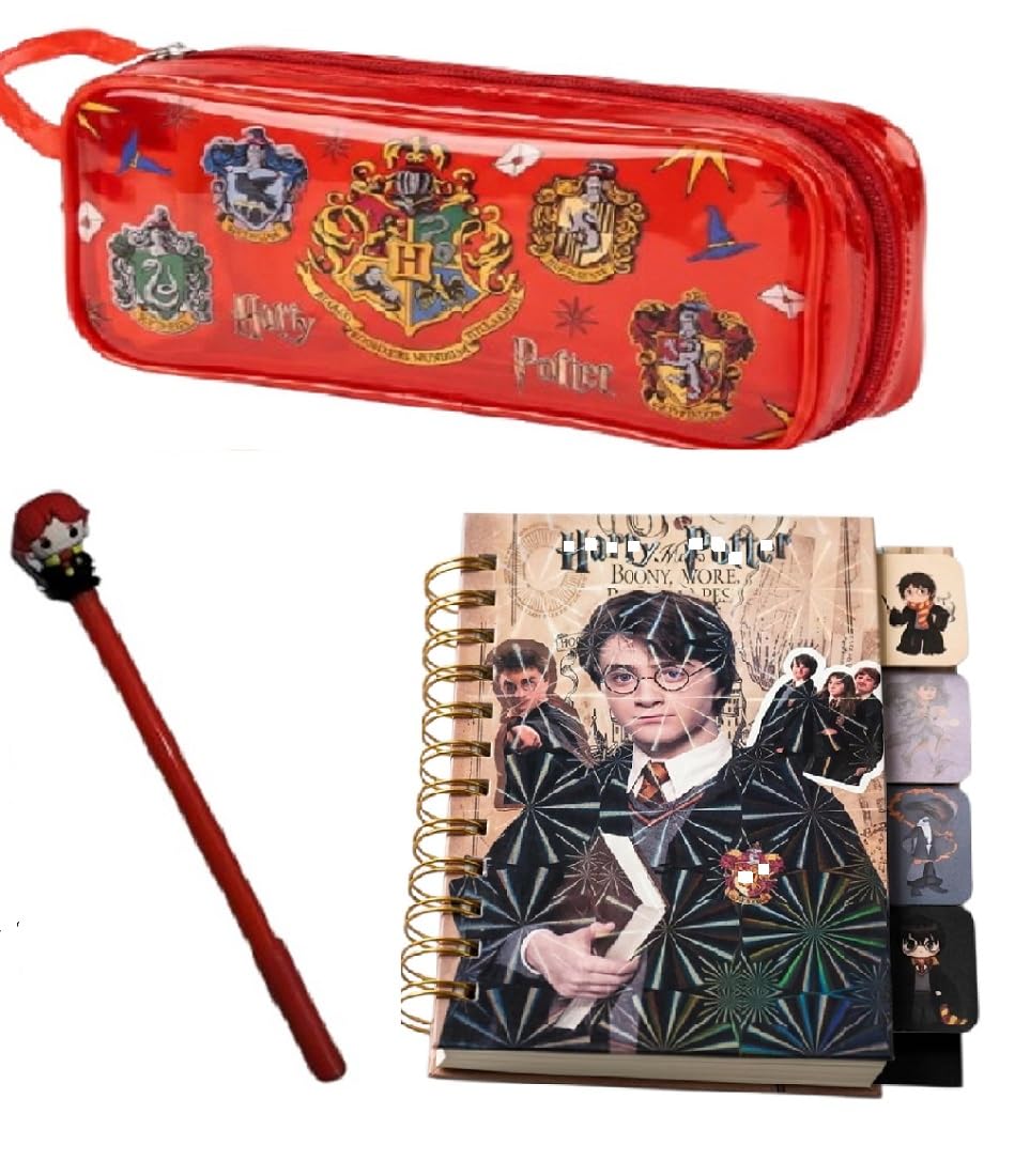 harrypotterr pouch, harri potter diary,harri potter bag,neon pencil pouch, transparent pouch, spiral diary, harrypotterr pencil case,stationery case (pack of 3-mini diary, pen, pouch)