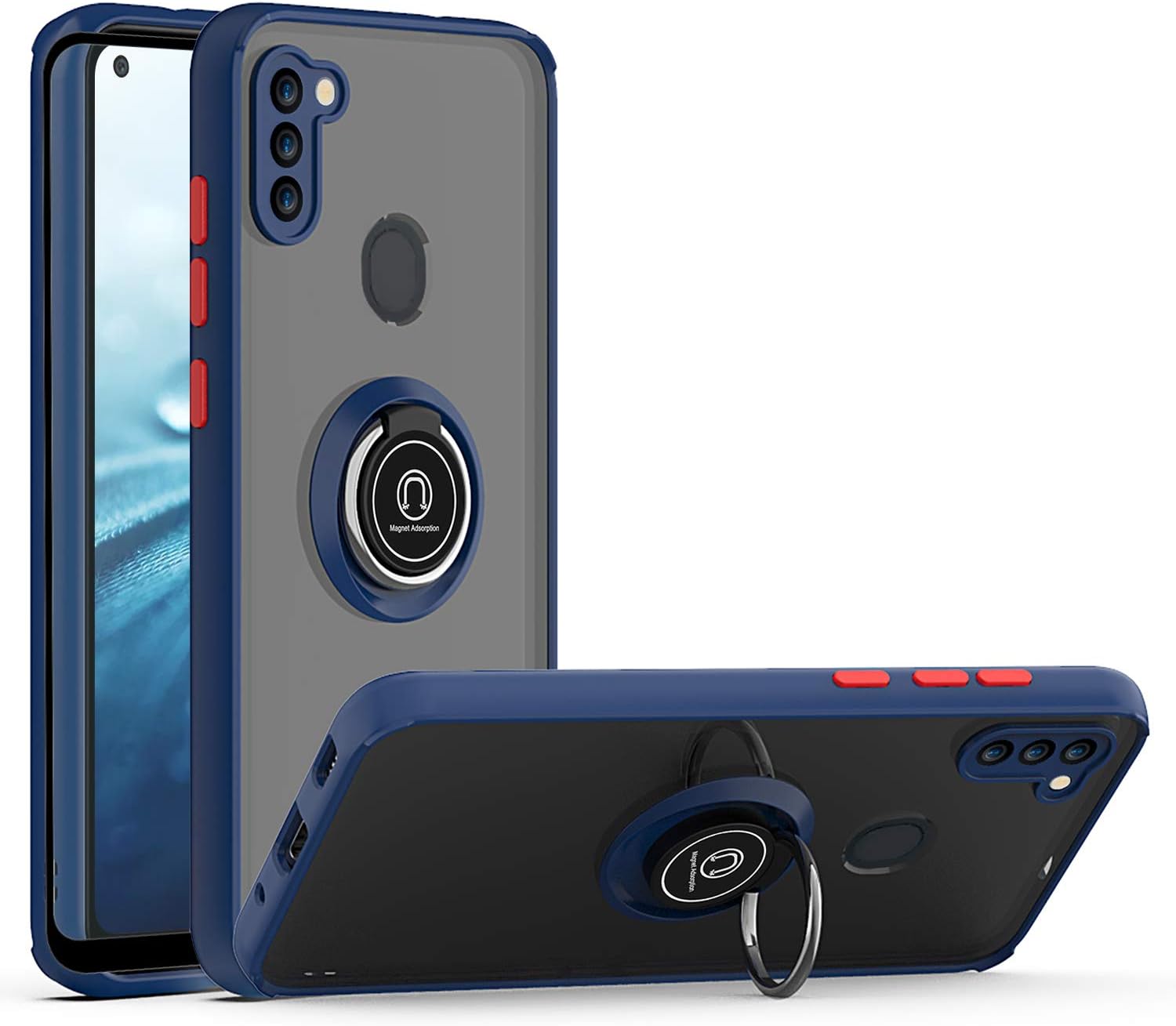 TJS Compatible with Samsung Galaxy A11 Case, with [Tempered Glass Screen Protector][Metal Ring][Magnetic Support] Defender Kickstand Heavy Duty Drop Protector Cover Phone Case (Blue)