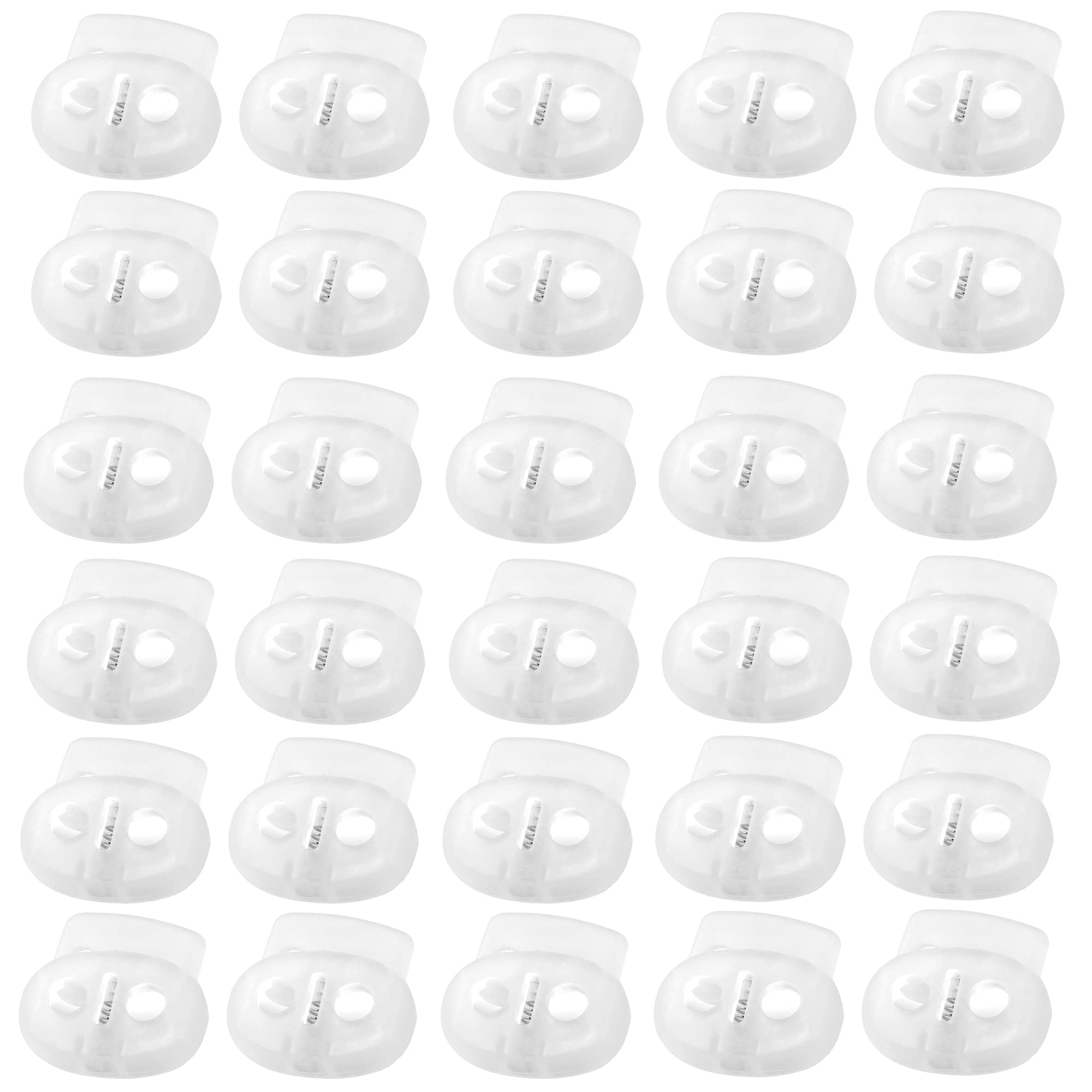 J.CARP 30Pcs Clear Plastic Cord Locks End Spring Toggle Stopper, Double Hole Elastic Cord Adjuster, Suit for Drawstrings, Bags, Shoelaces, Clothing, Paracord, and More