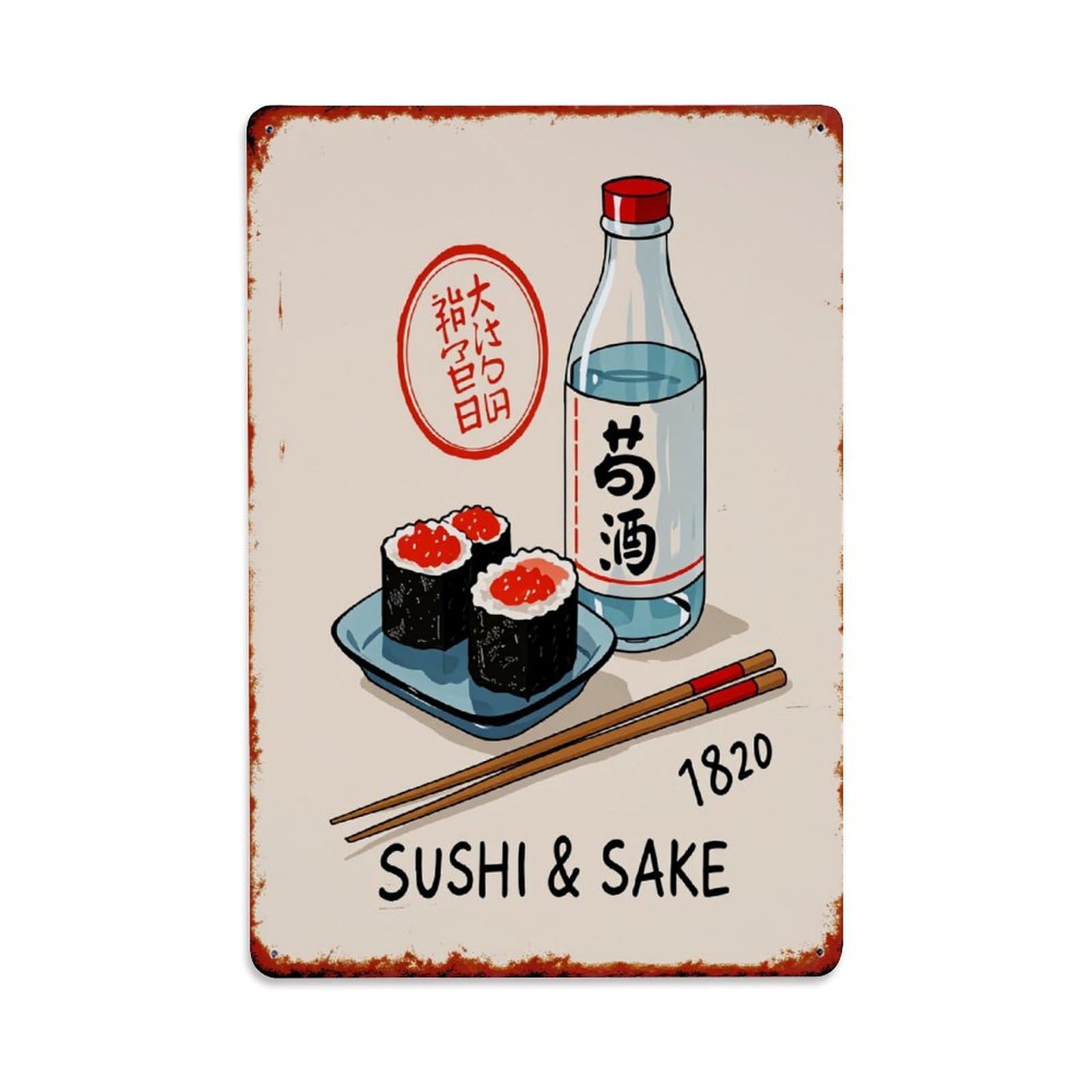 Enderetf Vintage Sushi And Sake Bottle With Chopsticks Tin Sign Metal Poster, Home Bar Garage Man Cave Cafe Indoor & Outdoor Wall Decoration 8X12inches