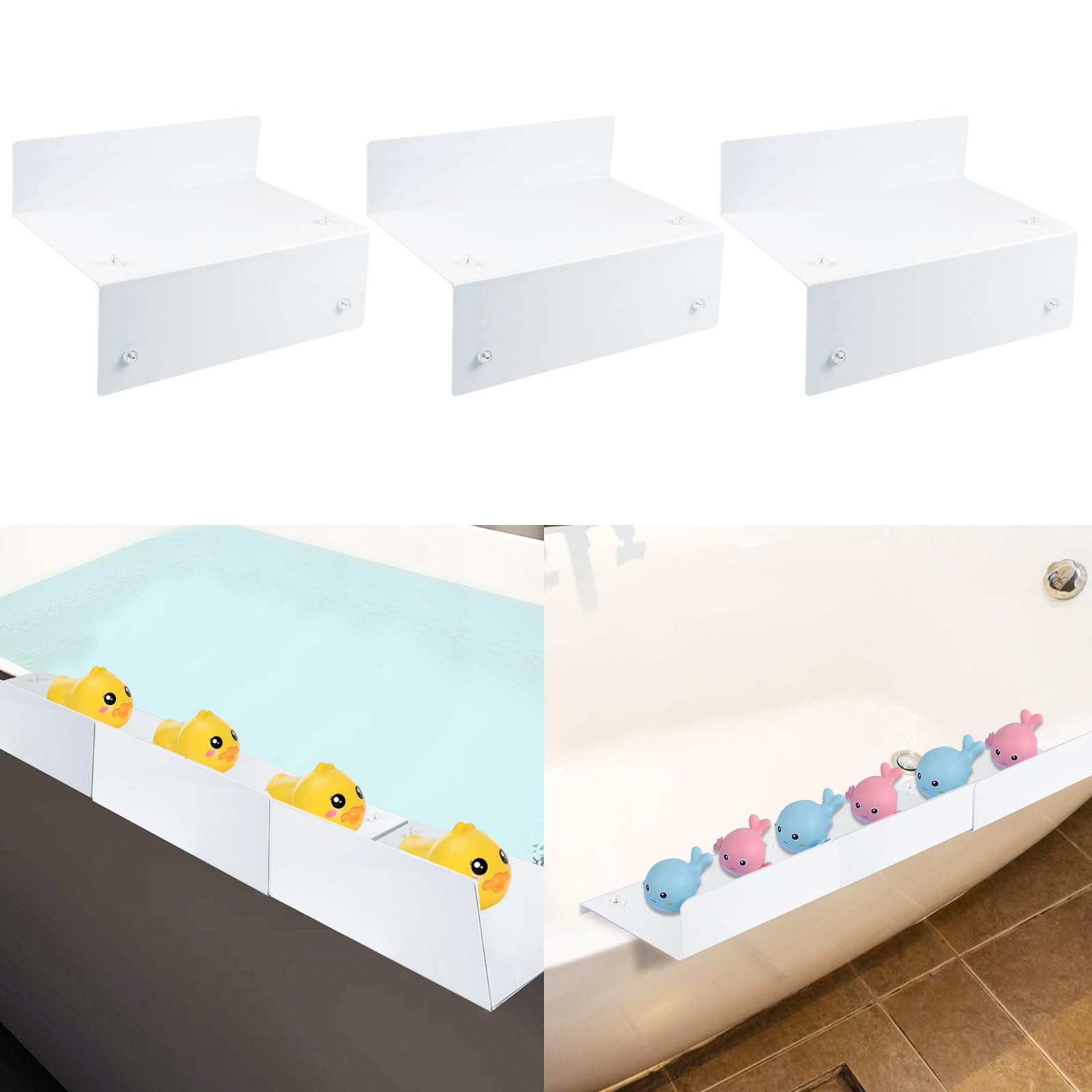 3pcs Bathtub Splash Guard Play Shelf Area Fun, Toy Tray Caddy Holder Storage, 12 Suction Cups Attach to Bath Tub, Shower Splash Guard for Prevent Water from Spilling, Small, White, GUER03