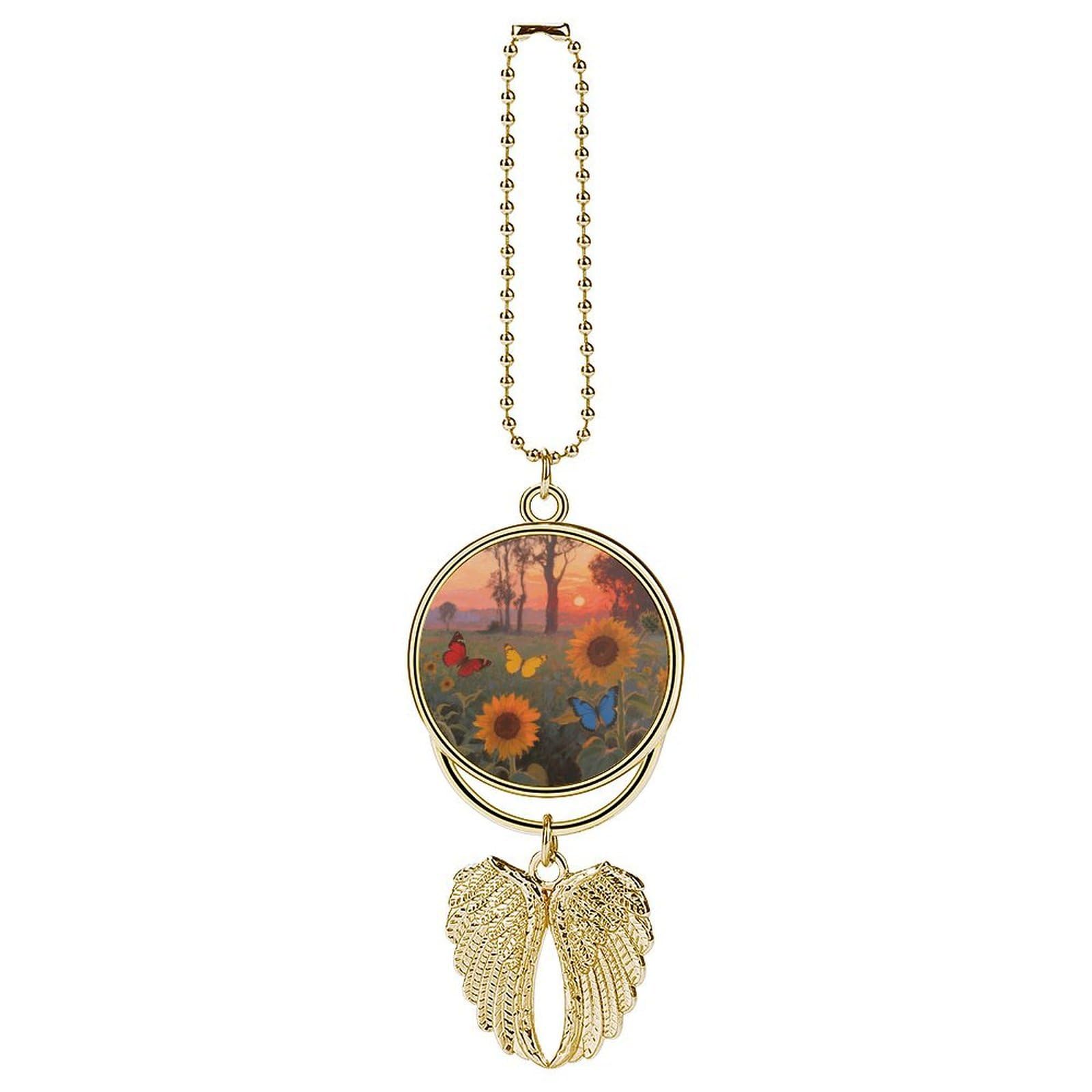 Sunflower Butterfly Guardian Angel Wing Car Ornament for Mirror, Zinc Alloy Hanging Charm with Spiritual Design for Protection, Rearview Mirror Accessory Decor Gift for Women Men(Golden)
