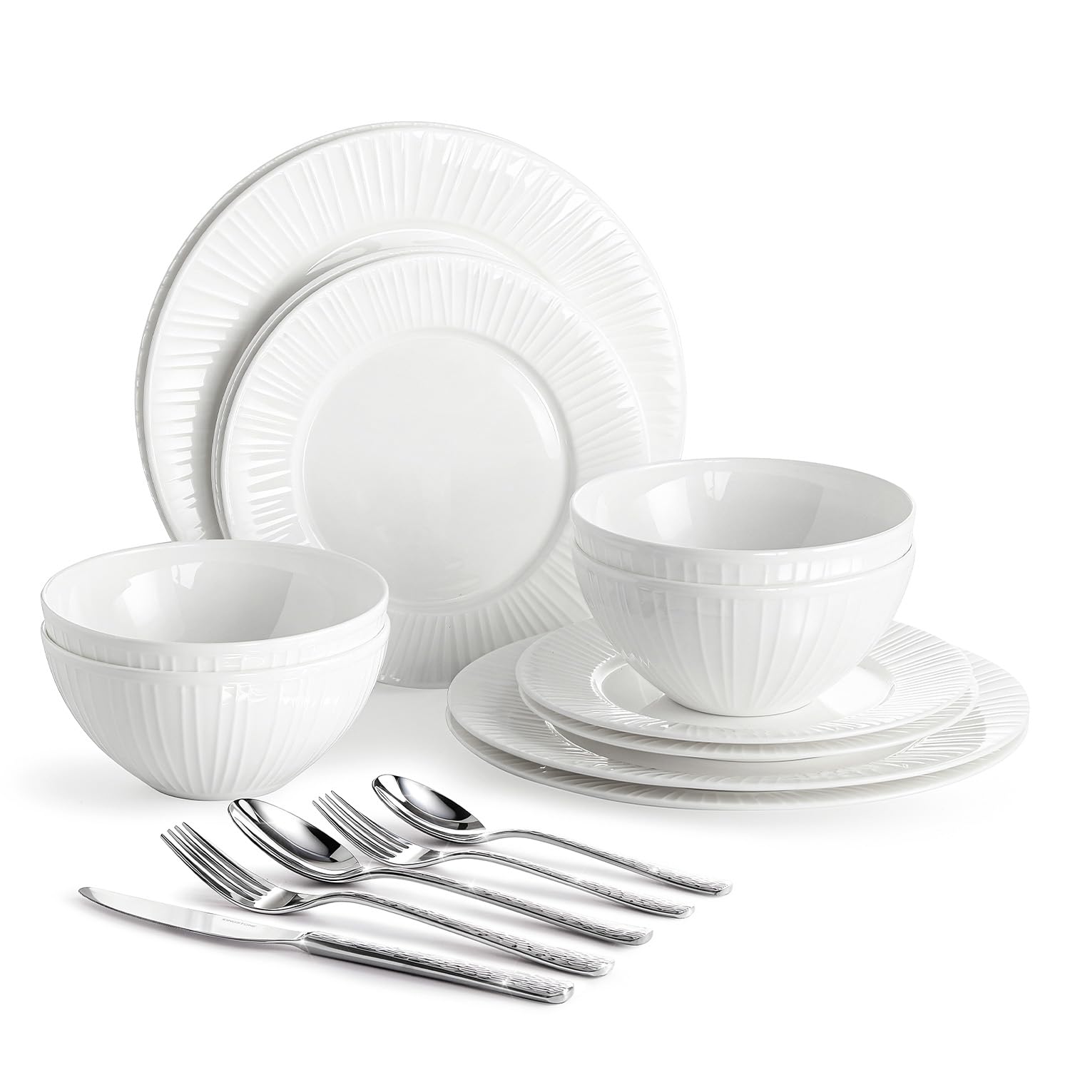 Photo 1 of KINGSTONE 12-Piece Bone China Dinnerware Set with 20-Piece flatware, White Lightweight Porcelain Service for 4, for Family Dining, Restaurants, Gifting?Microwave and Dishwasher Safe