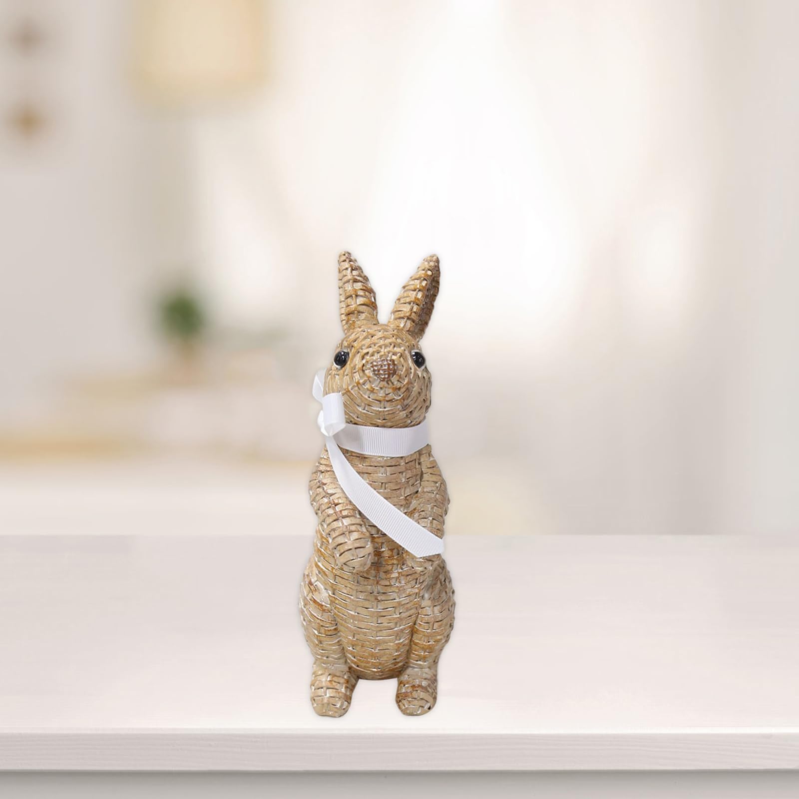 Rattan-Kaninchen-Schleife, Kunstharz-Ornamente für Zuhause, Hof, Rasen, Tischplatte und Osterdekoration, um die Osteratmosphäre zu verbessern, bevorzugte Ostergeschenke (20,6 cm braune
