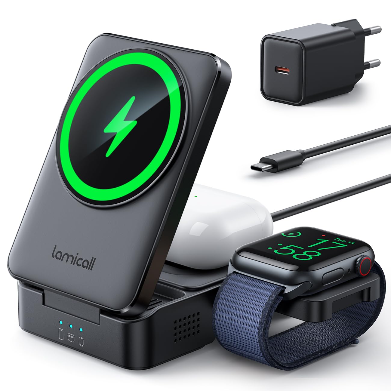 Lamicall 3 IN 1 Ladestation für MagSafe Ladegerät - [Faltbar & Tragbar] Kabellose induktive Ladestation Apple Watch und iPhone, Reisen Wireless Charger für iPhone 17/16/15/14 Pro Max Plus Air, AirPods