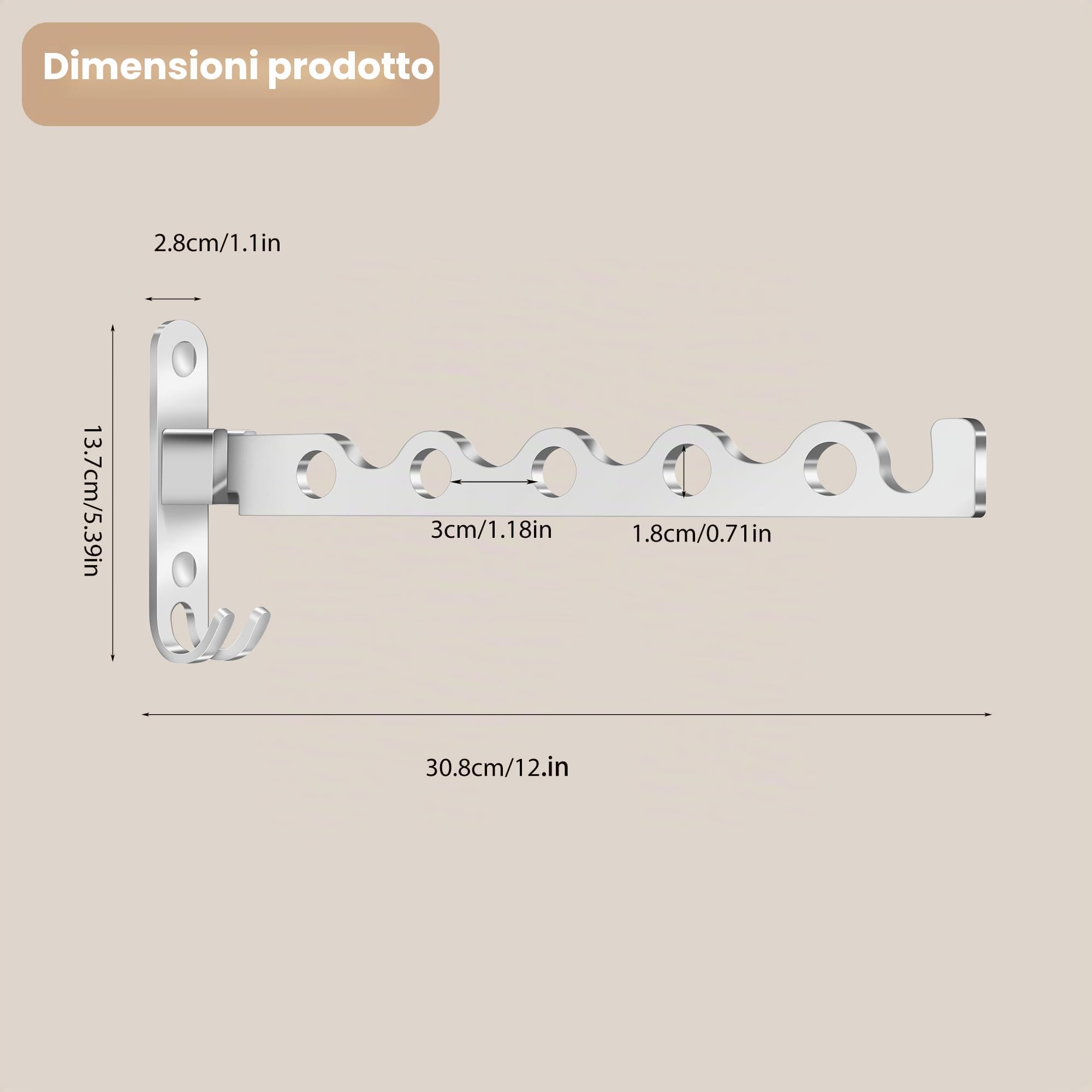 Stendibiancheria da parete, girevole a 90°, appendiabiti pieghevole da parete, per bagno, camera da letto, lavanderia (argento)