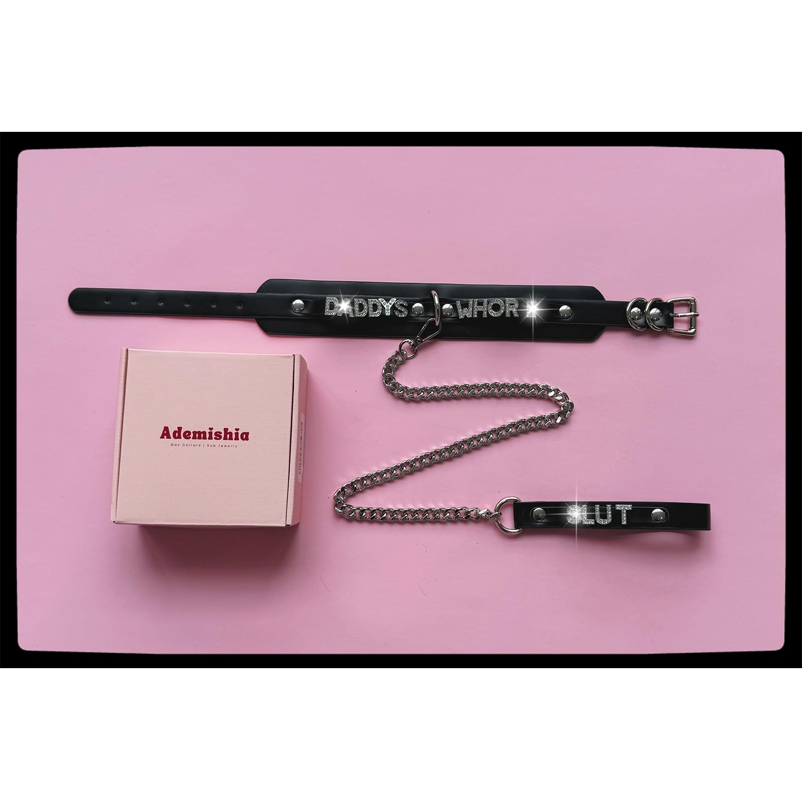 Women's Black Leather Choker Necklace with Rhinestone Letters, Adjustable Punk Gothic Custom Name D-ring Collar Jewelry For Women