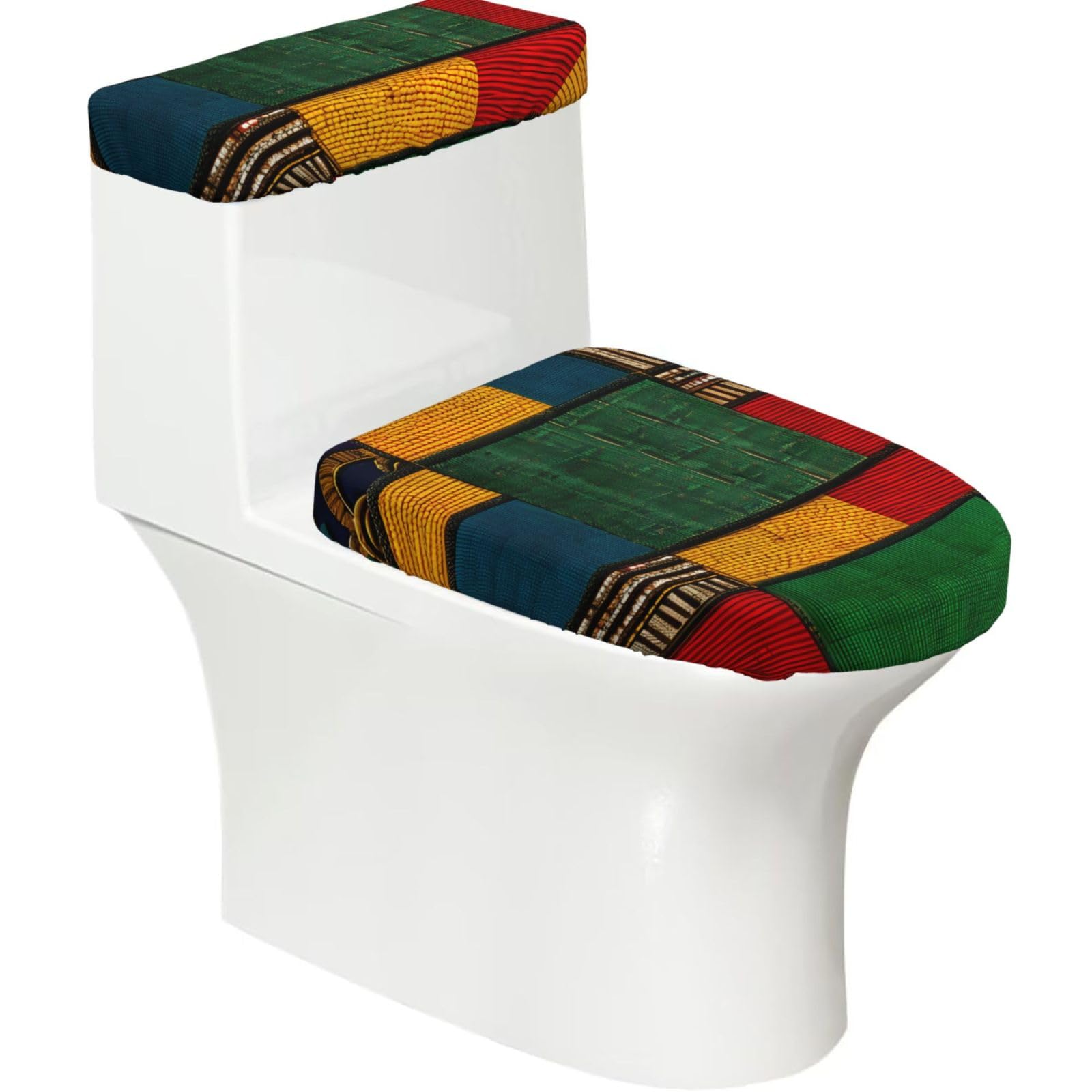 African Style Patchwork Printed Toilet Tank and Lid Cover Set of 2 for Most Bathrooms, Fits Elongated Round Toilets