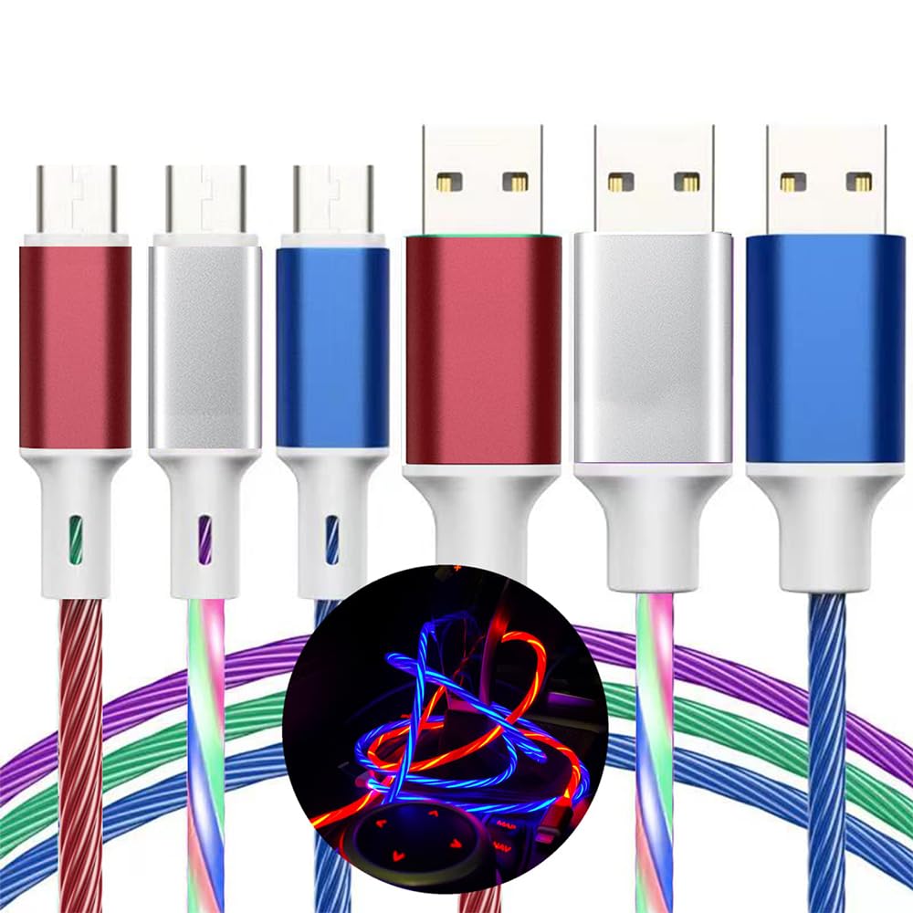 Led Light Up USB to USB C Cable 10FT/3Pack for iPhone 15/15 Pro/15 Pro Max/15 Plus,USB A to Type C Charger Cord for Samsung or Android Phones,No Fast Charging But Efficient (Blue+Red+Colored)