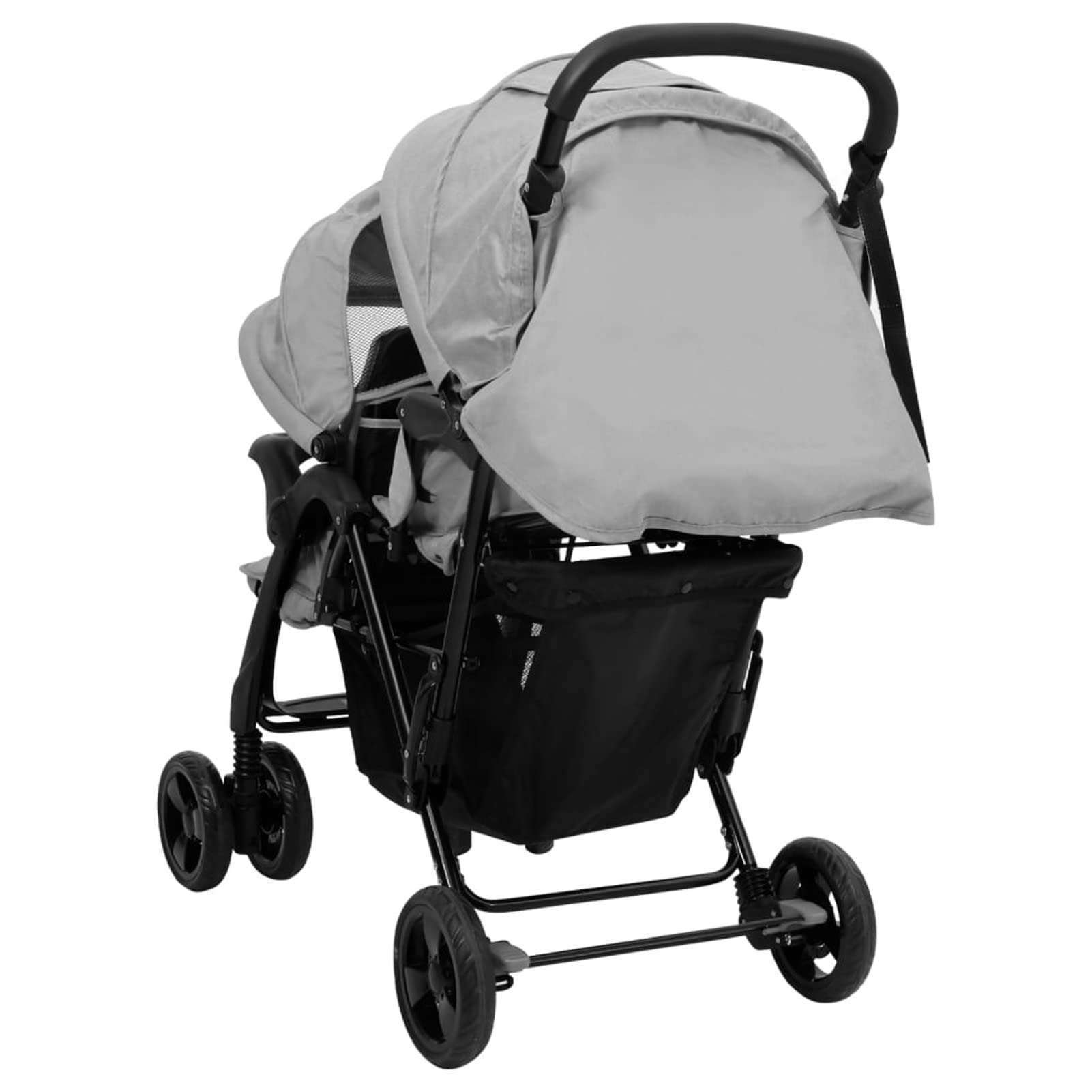 Carrito para Gemelos Tándem Cochecito de Bebé Silla de Paseo para Niños Diseño Plegable Cochecito de Gemelos Acero Gris Claro y Negro