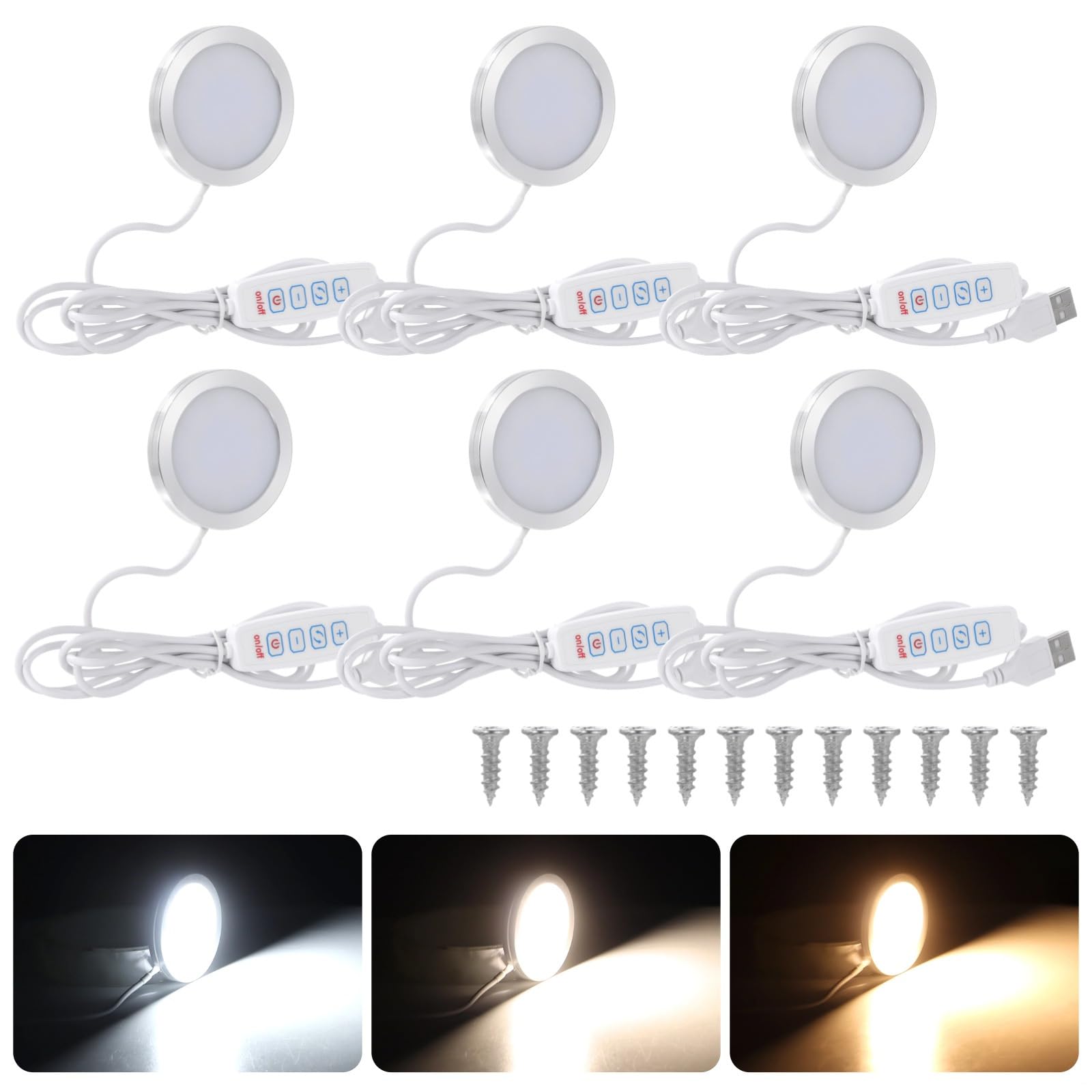 6 szt. Zestaw lamp LED, światło zasilane przez USB z przełącznikiem, 3 tryby kolorów, 10 poziomów jasności, aluminiowa powłoka, dyfuzor komputerowy, zestaw oświetlenia DIY do rękodzieła, odcieni