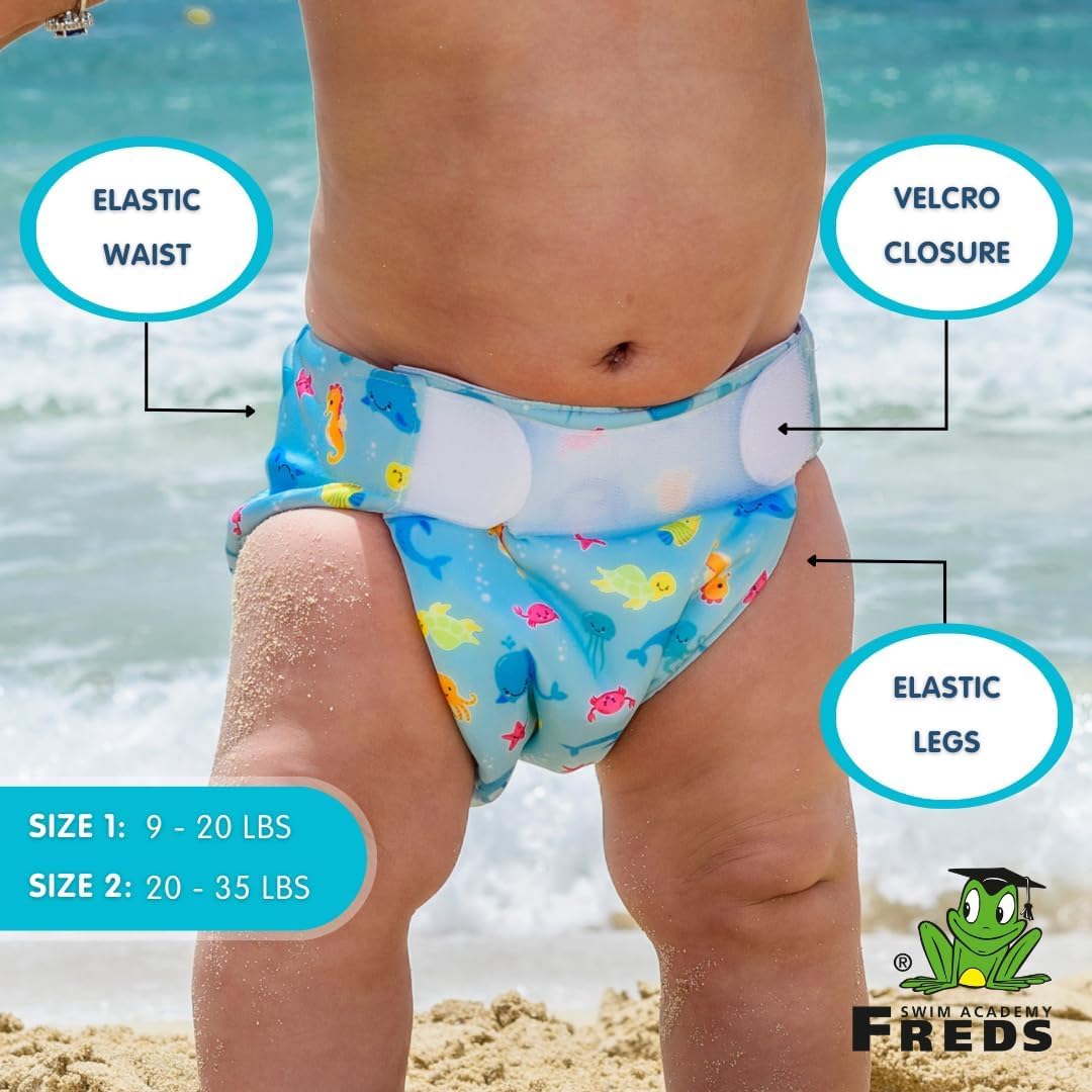 FREDS SWIM ACADEMY Pieluchy do pływania wielokrotnego użytku – Swim Nappy z zapięciem na rzepy, spodnie do pływania dla niemowląt z miękkiego materiału, regulowane i łatwe zakładanie (niebieskie, 1)