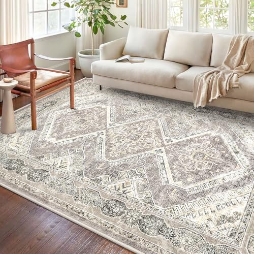KUTA Oriental Area Rug 5x7 Ivory Grey Yellow, Washable Rugs for Living Room Soft Non-Slip Printed Distressed Tribal Traditional Farmhouse Carpet for Bedroom Dining Room Dorm Office Home Decor
