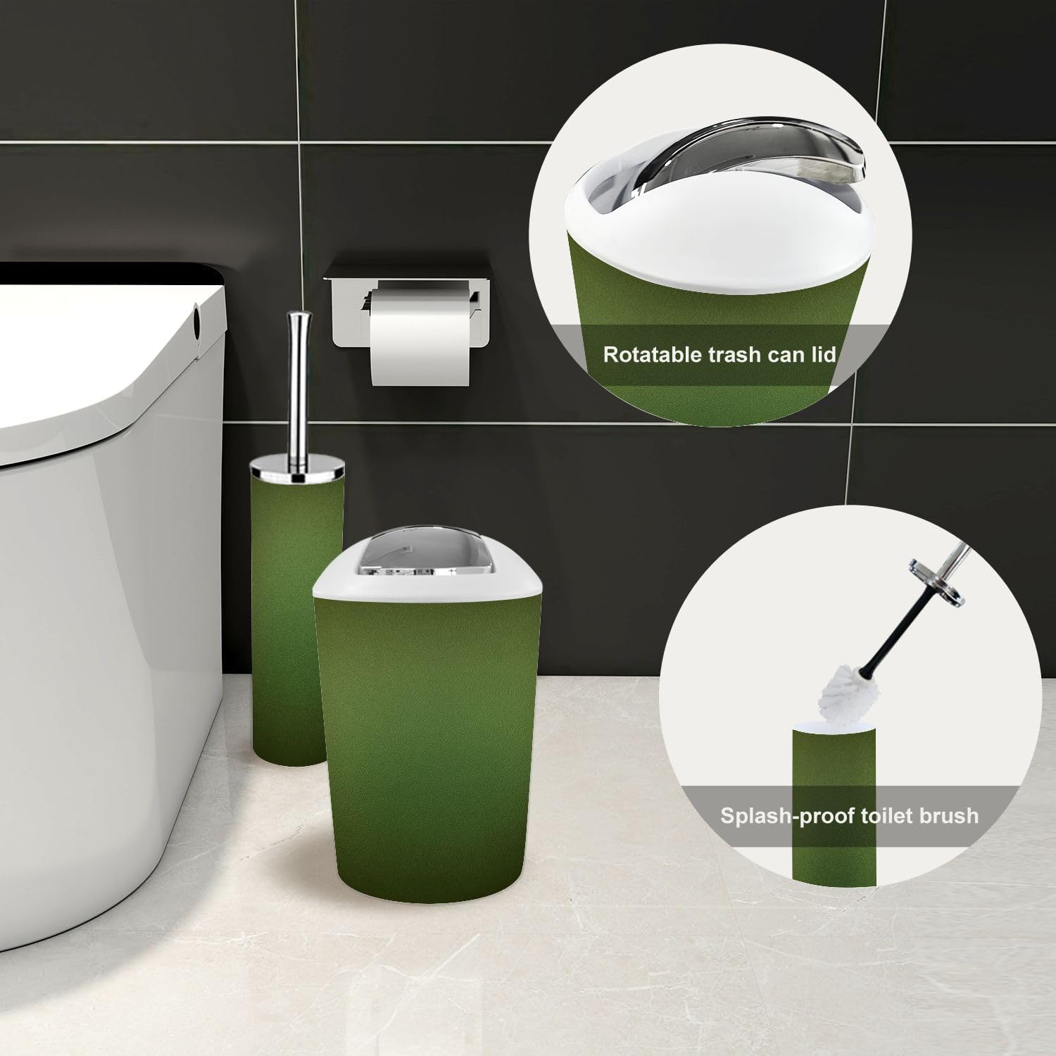 Bathroom Accessory Set 6 Piece Olive Green Frosted Glass Toothbrush Cup Toothbrush Holder Soap Dispenser Soap Dish Trash Can with Lid Toilet Brush Holder Counter Decor