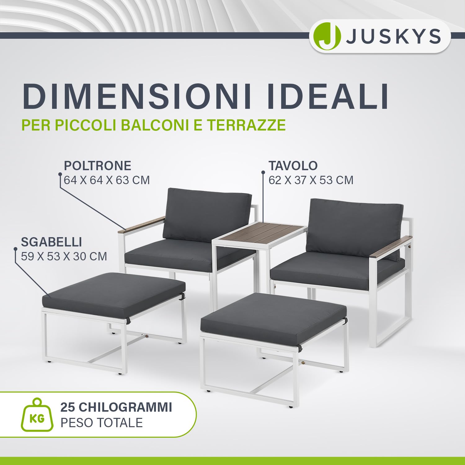 Juskys set di mobili da giardino Bari da 5 pezzi - Set lounge con tavolino e cuscini - Salottino da giardino, terrazzo, aree esterne - Grigio