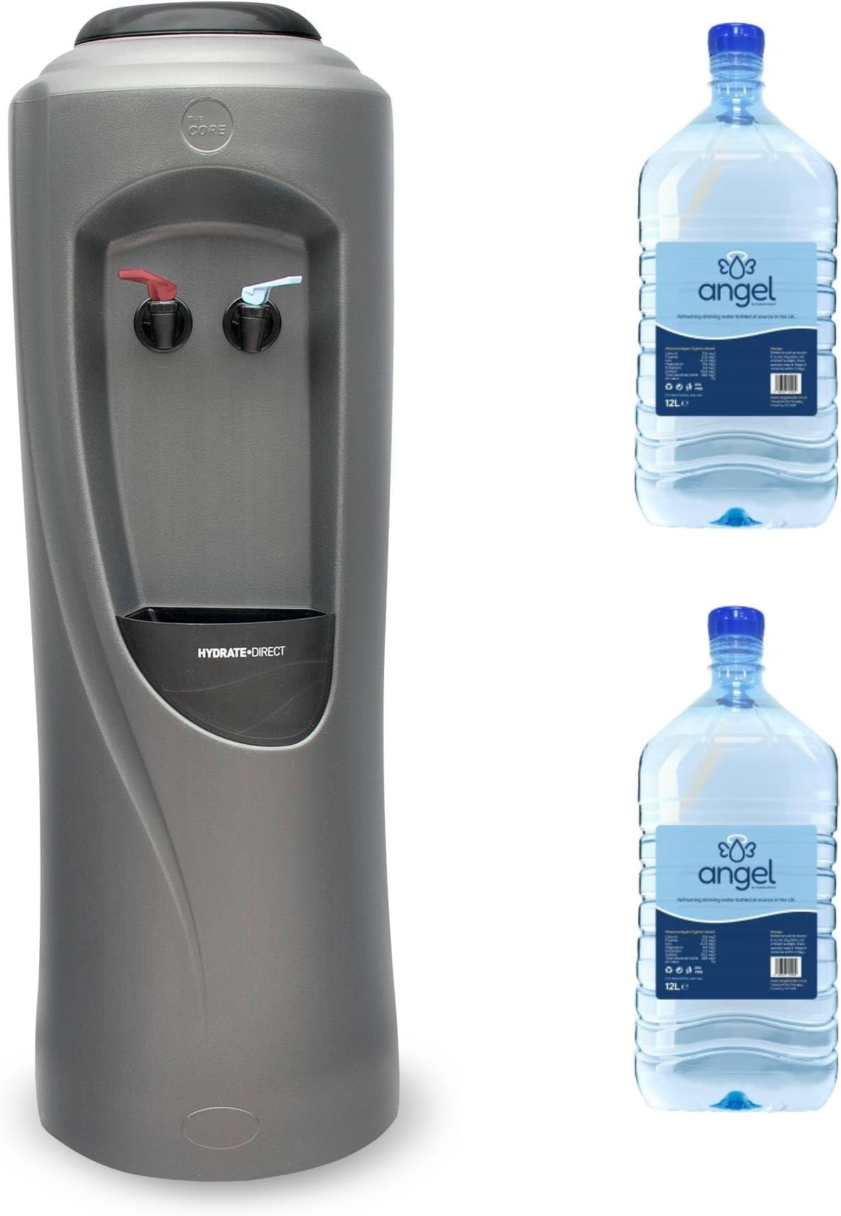 Hydrate Direct Core Water Cooler Package 4 | Water Dispenser Plus 2 x 12L Bottles of Natural Water, Hot & Chilled Temperature, Grey/Silver