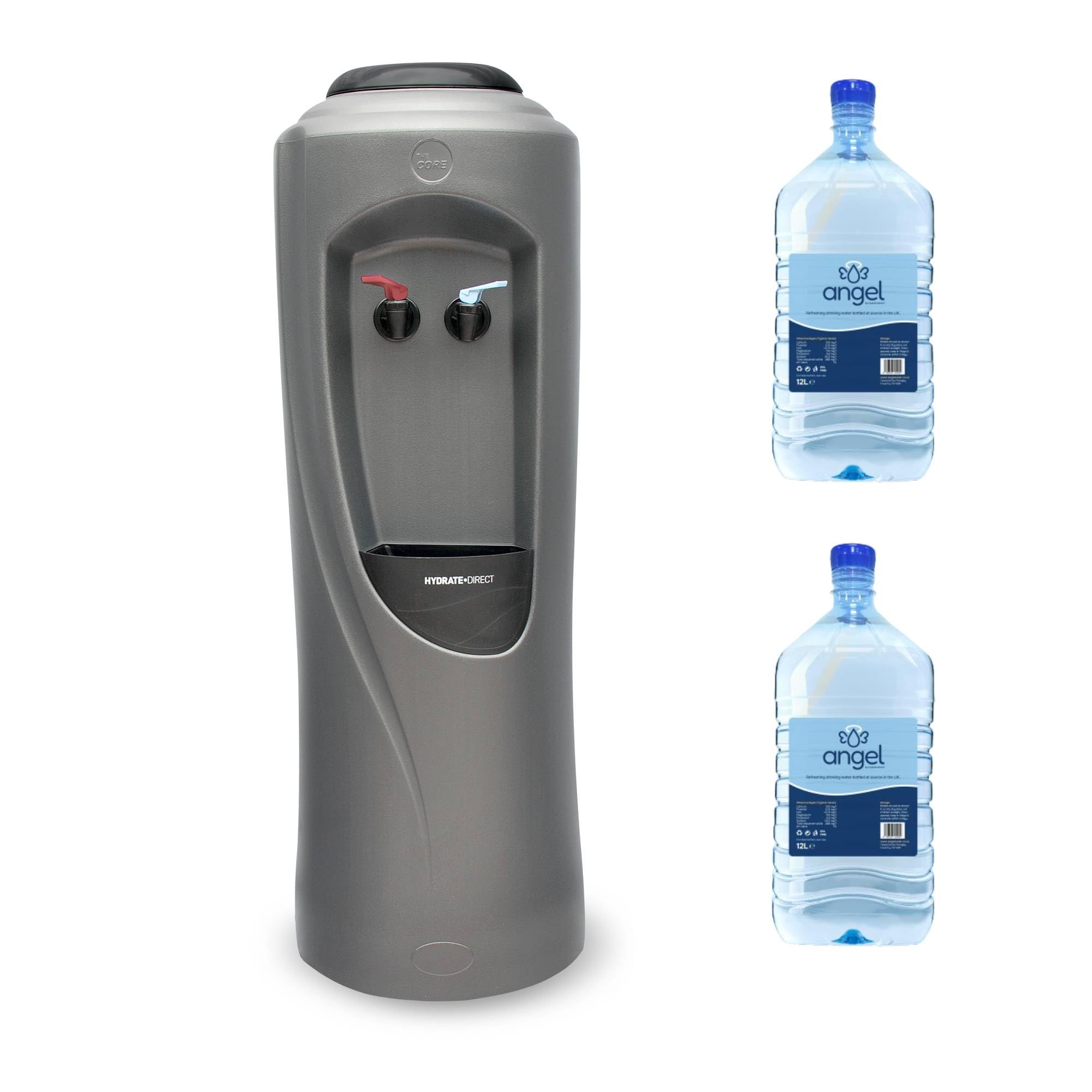 Hydrate Direct Silver Core Water Cooler Package 4 | Water Dispenser Plus 2 X 12L Bottles Of Natural Water, Hot & Chilled Temperature, Grey