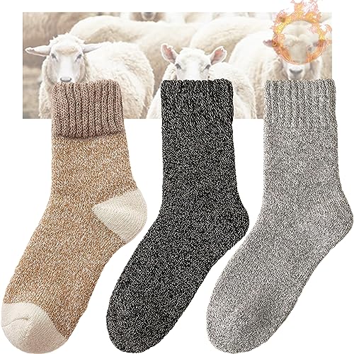 CHUNFO Thermal Men Socks Wool Warm Thick Socks Ankle Hiking Winter Soft Running Slipper Sock Breathable Cushioned 3/5 Pairs (3 Pack, Khaki, Dark Grey, Light Grey)