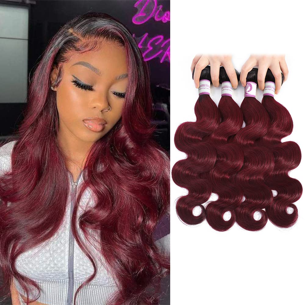 Ombre Burgundy Brazilian Body Wave Hair 4 Bundles 100% Unprocessed Human Hair Bundles T1B/99J Wet and Wavy Human Hair Weave Bundles for Black Women (10"12"14"16")