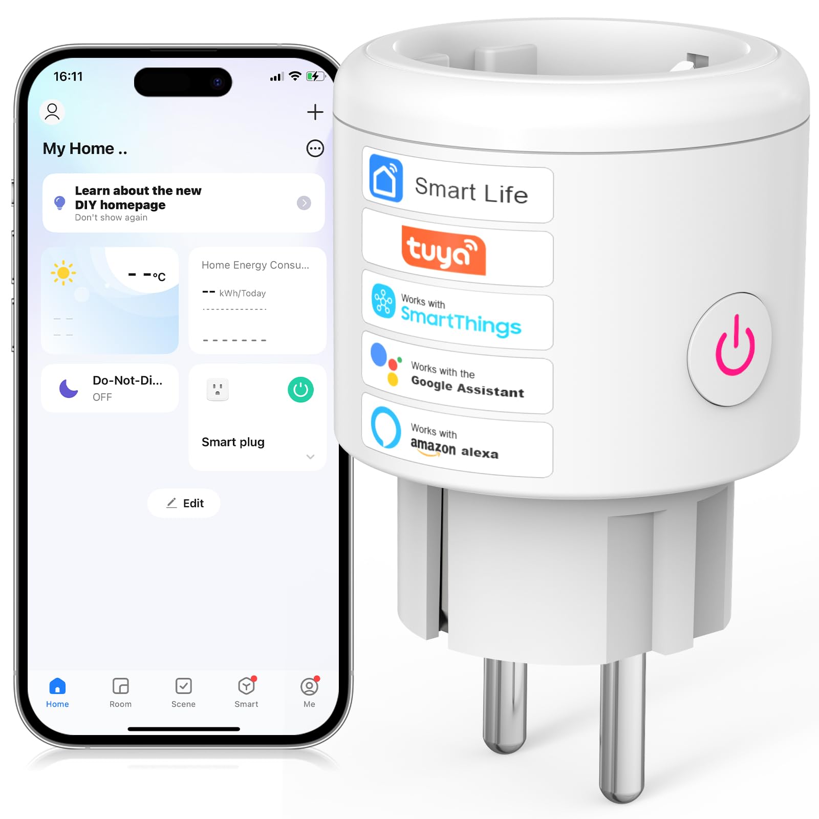 SURFOU SURFOU Enchufe Inteligente Wifi con Consumo Electrico, Programador Enchufe Alexa, Tomada Inteligente con Temporizador, Control Remoto por APP & Voz, Compatible con Alexa, Google Home y SmartThings