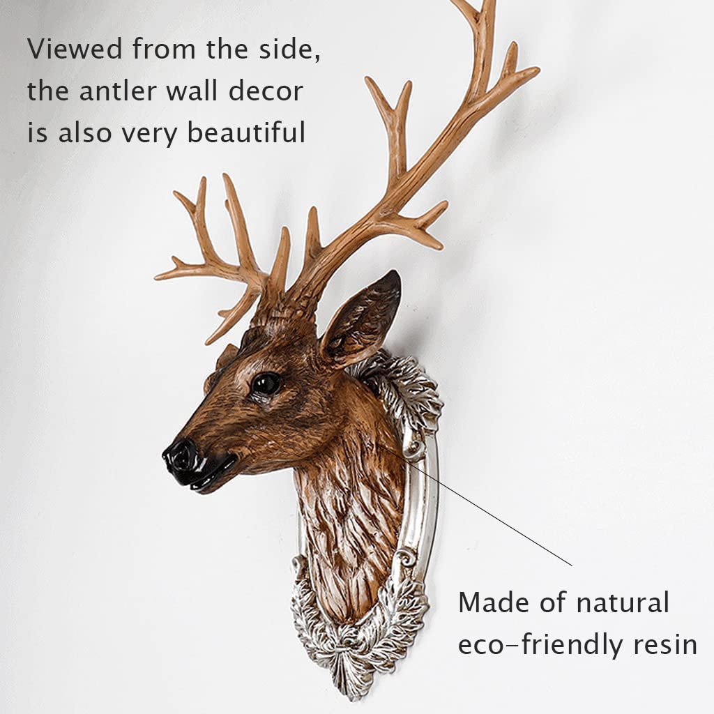 Scultura da Parete Moderna Decorazione da Parete con Testa di Cervo Fortunato, Scultura da Parete in Corna di Cervo in Resina, Busto con Testa di Animale Marrone Decorazione da Appendere a Parete 3D