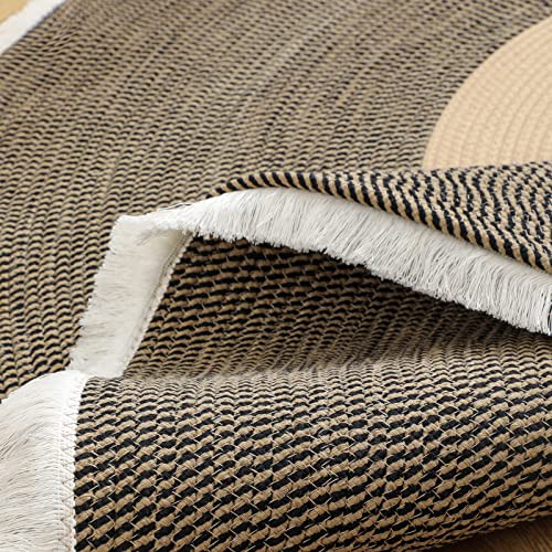 Image of Cotton Rope Rounds Rug with Tassels - Handwoven Bohemian Carpet for Living Room, Bedroom, Pooja & Home Decor, Soft & Washable Floor Mat, Beige & Black, 7x7 feet