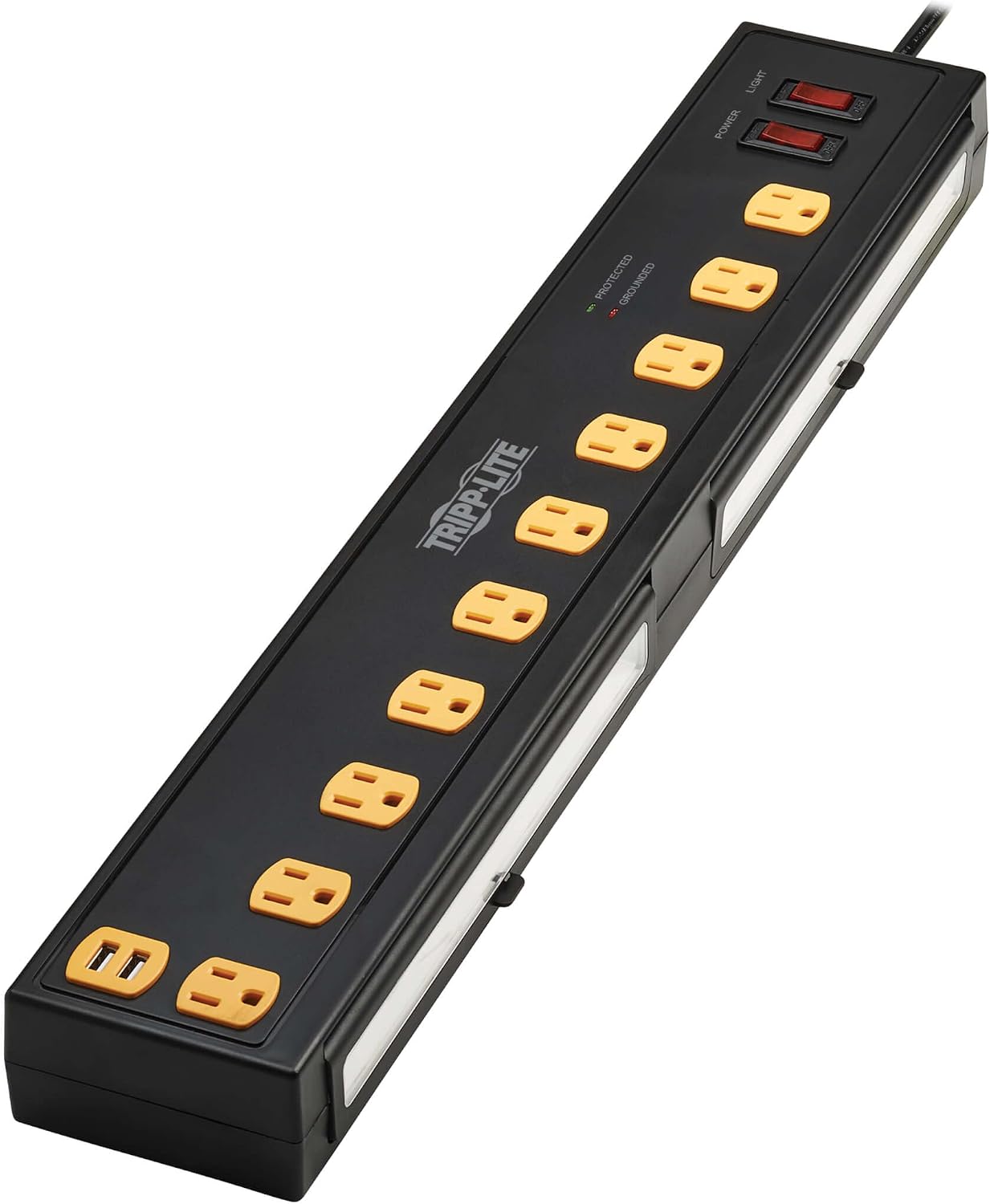 Tripp Lite Heavy Duty Surge Protector Power Strip with Work Lights, 10-Outlets for Industrial & Garage, 2 USB Ports, 10ft Power Cord, 4500 Joules, 150,000 Insurance (TLP1010USB)