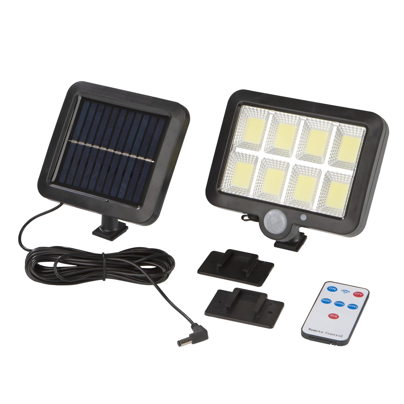 EASYmaxx LED-Solarstrahler mit Bewegungsmelder und Dämmerungssensor, inklusive separatem Solarpanel und Fernbedienung