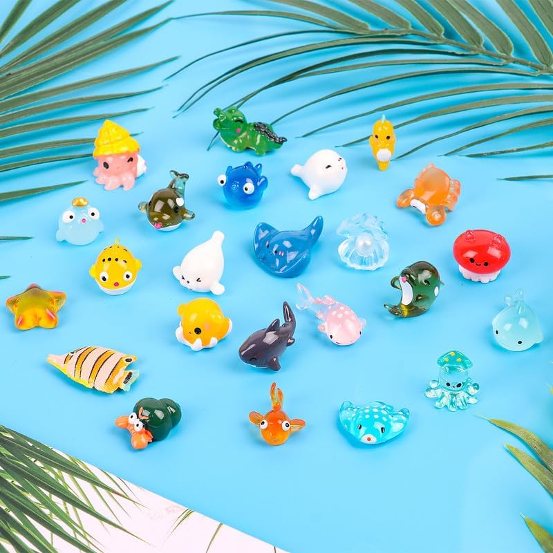 24 Pcs Mini Ocean Resin Animals Figurines Tiny Sea Plastic Animals Marine Miniature Resin Figures Variety Pack for DIY Aquarium Ornaments Fish Tank Decorations Garden Fairy Accessories Party Favors