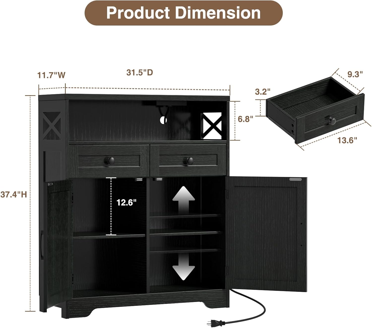 FiveWillowise 31.5" Black Storage Cabinet with Drawers and Shelf, Farmhouse Sideboard Buffet with Storage, Kitchen Pantry Hutch, Coffee Bar Cabinet Station Table for Kitchen, Living, Dining Room