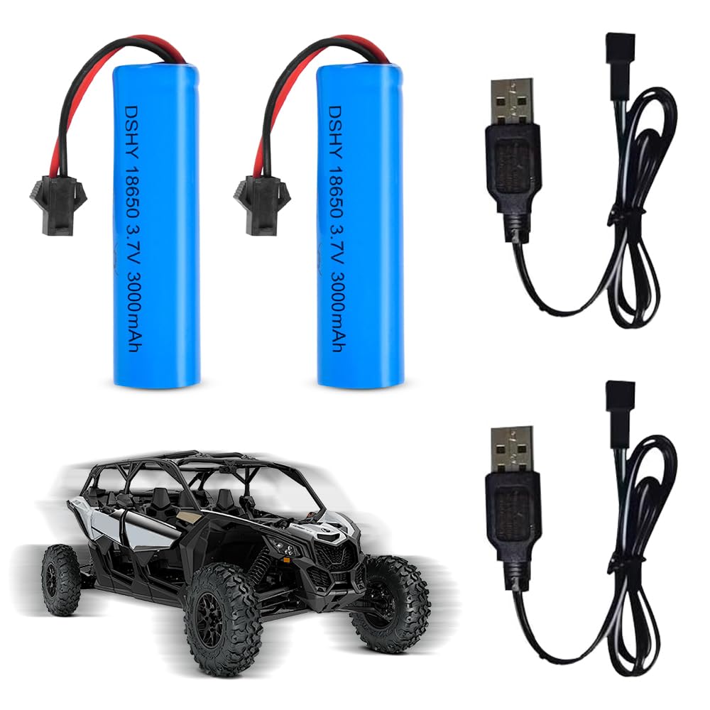 NAVESO 2 Stück 3.7V 3000mah Li-Ion Akku Wiederaufladbare Li-Ion Battery mit 2 USB Chargers SM-2P Plug, 3.7V RC Akku für RC Fahrzeuge, Boote, Panzer, Roboter