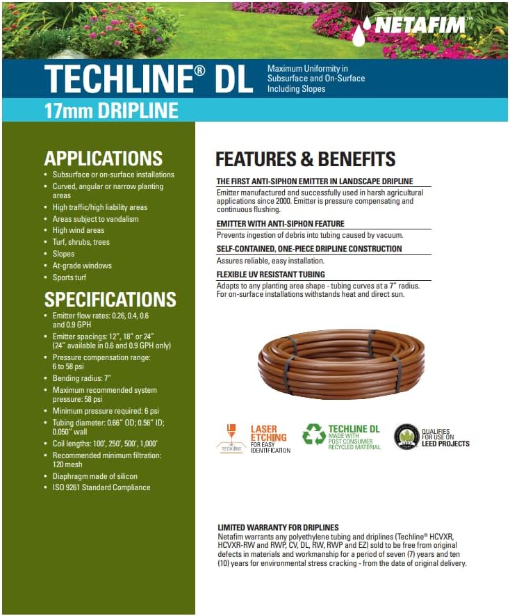 Netafim Techline DL Landscape Dripper Tubing, 17mm Diameter, 12" Emitter Spacing, 92GPH Flowrate Per Emitter (100FT, Polyethylene)