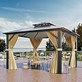 YITAHOME 12x14FT Gazebo Hard-Top Double Roof Canopy Outdoor with Netting and Shaded Curtains, Aluminum Frame Polycarbonate Hardtop Garden Tent for Patio, Backyard, Deck and Lawns, Brown