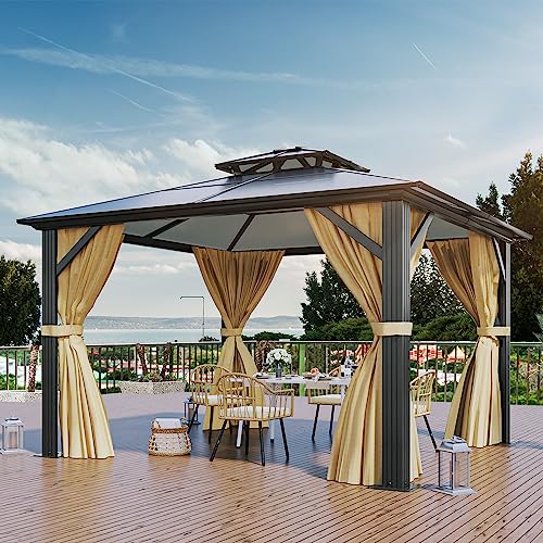 YITAHOME 12x14FT Gazebo Hardtop Double Roof Canopy Outdoor with Netting and Shaded Curtains, Aluminum Frame Polycarbonate Hardtop Garden Tent for Patio, Backyard, Deck and Lawns, Brown 12x14