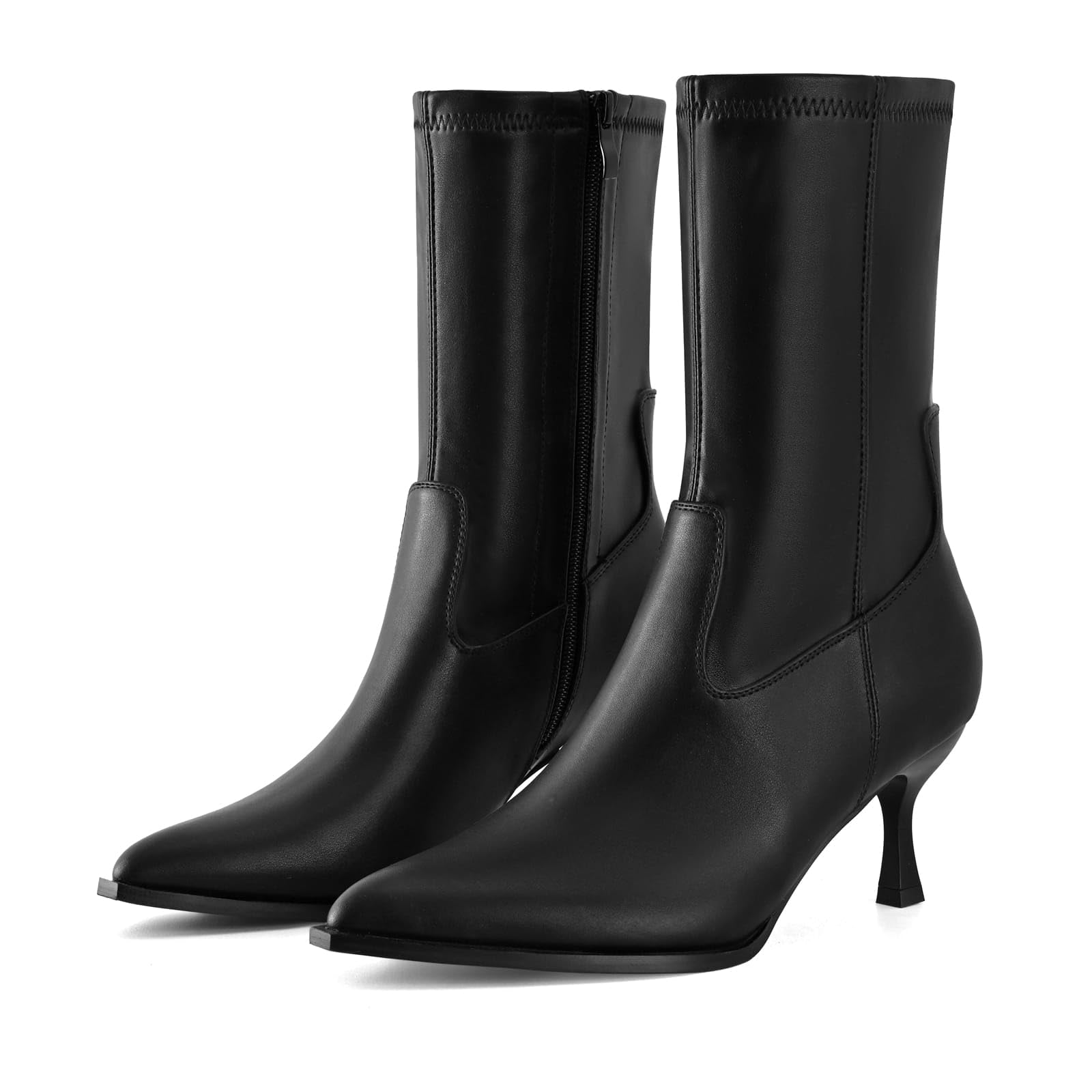 Kitten Heel Ankle Boots for Women Pointed Toe Stacked Stiletto Booties with Side Zipper Mid Calf Short Fashion