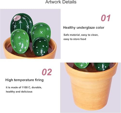 Miniatura 5 de Juego de 5 cucharas medidorascucharas de cerámica y taza base medidorapara ingredientes secos y líquidos, bonita forma de cactus (base de color
