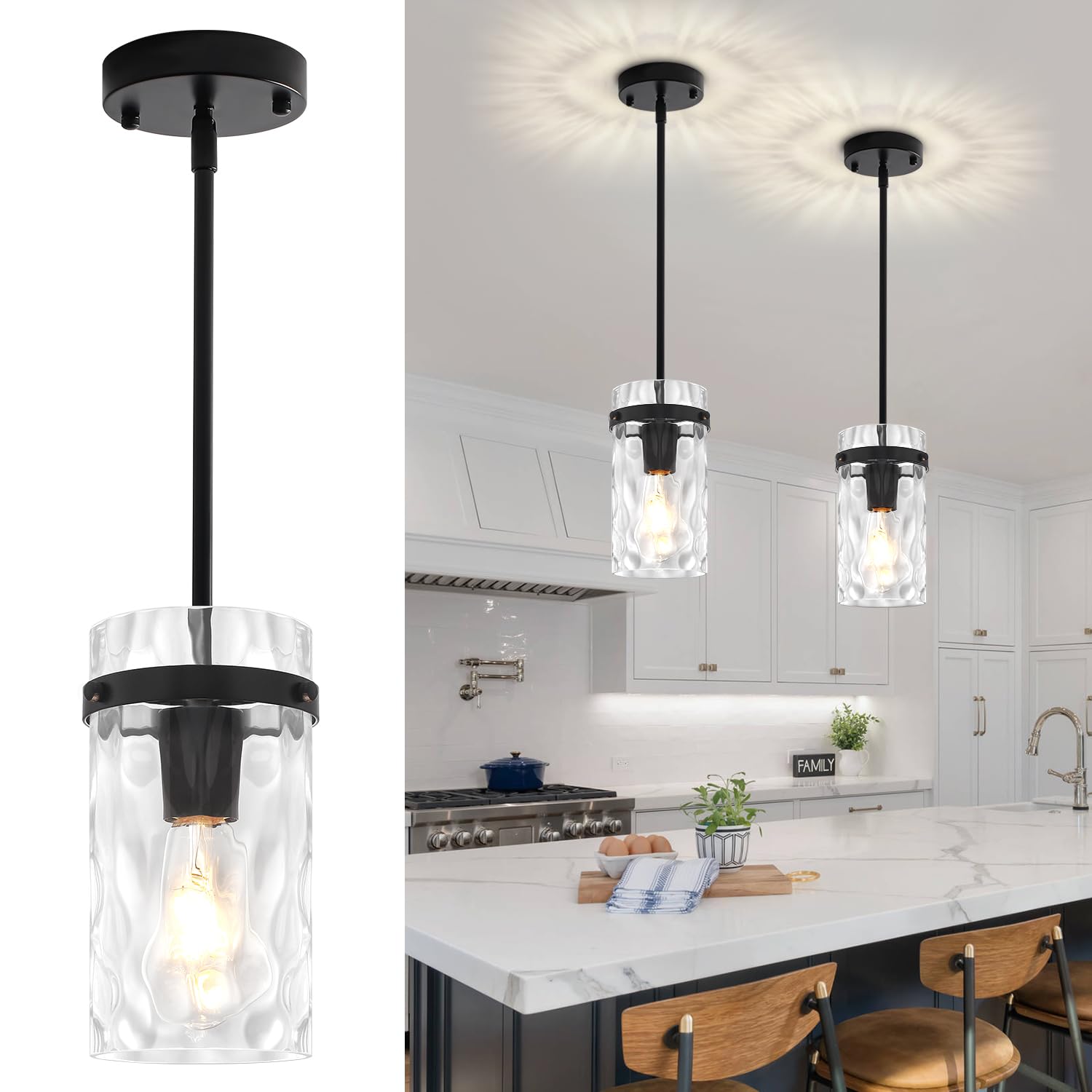 Photo 1 of ZSMIHDOH 2-Pack Black Hammered Glass Pendant Lights
