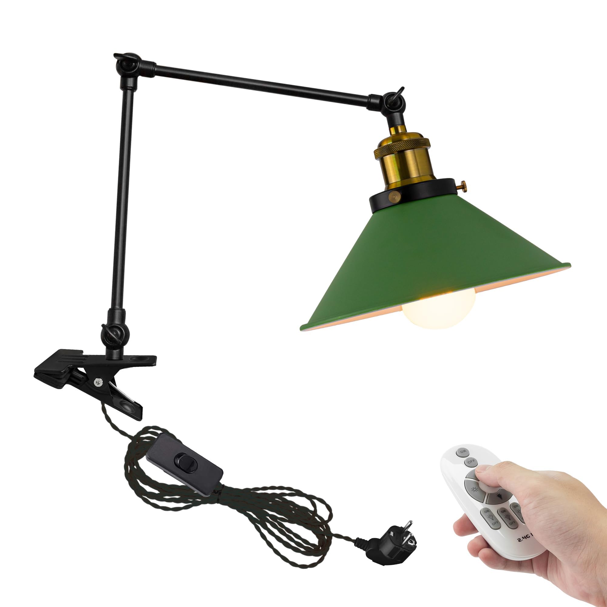 Industrial Klemmleuchte mit Fernsteuerung, Einstellbar Clip auf Schreibtisch Leselampe,Dimmbar Clamp Nachttischlampe mit Flexarm für Schreibtisch Nachttisch Regal-Grün TD0633