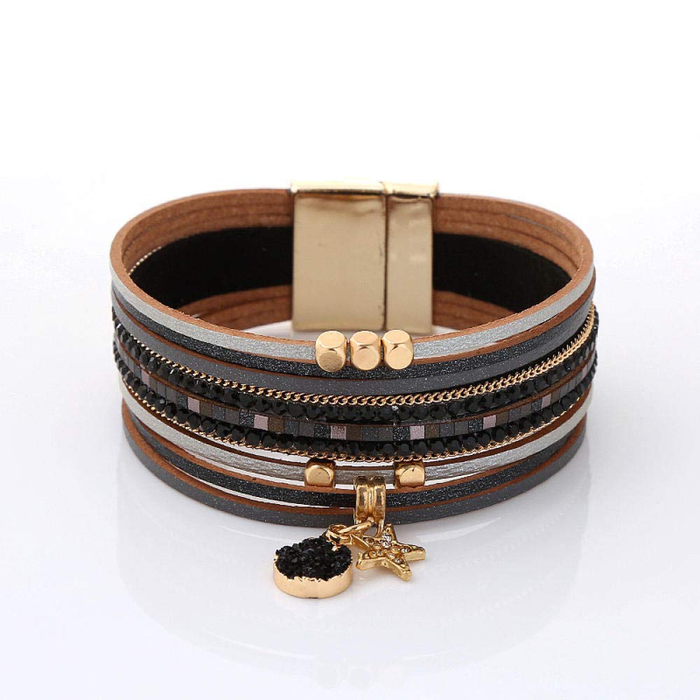 Lederarmband für Frauen, mehrschichtige Retro-Lederarmband Schwarz Magnet Schnalle Armband Mode Armband Lederlegierung Armband Damen Wildschmuck Armband Personalisierte Kleidung Accessoires Juwelrrr
