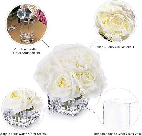 Miniatura 3 de Flores artificiales en jarrón, arreglos florales falsos en jarrón con agua sintética para bodas, mesa de comedor (crema)