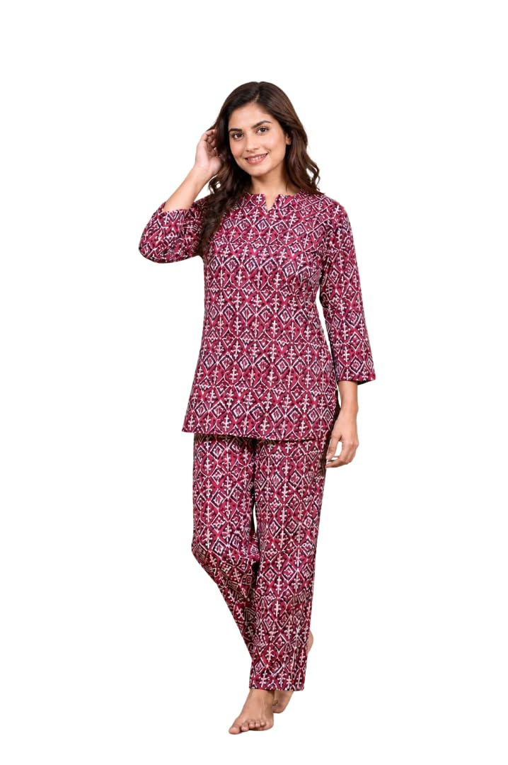 Maroon Ikat Printed Pure Cotton Nightwear Co-Ord Set | Keyhole Neck Short Tunic with 3/4 Sleeves & Matching Straight Lounge Trousers-picture-31