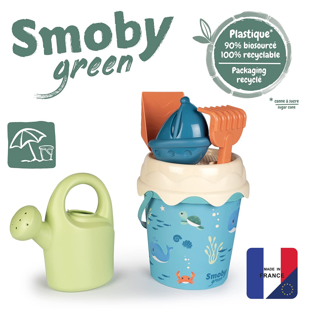 Smoby Life - Seau De Plage Garni Écolo - Arrosoir, Moule à Sable Et Tamis - Plastique Recyclé